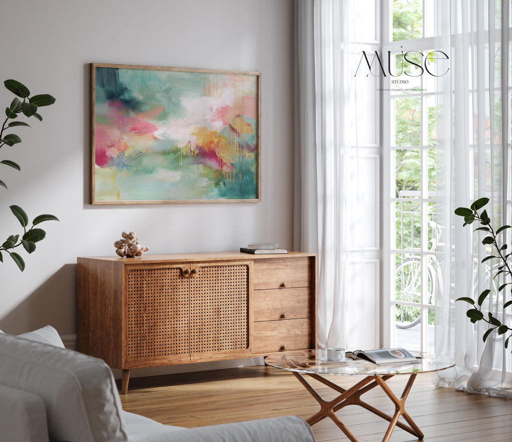 Colorful Abstract Wall Art in Blush and Green, Canvas Giclée Print, Bold Transitional Painting, Horizontal Large Living Room Decor