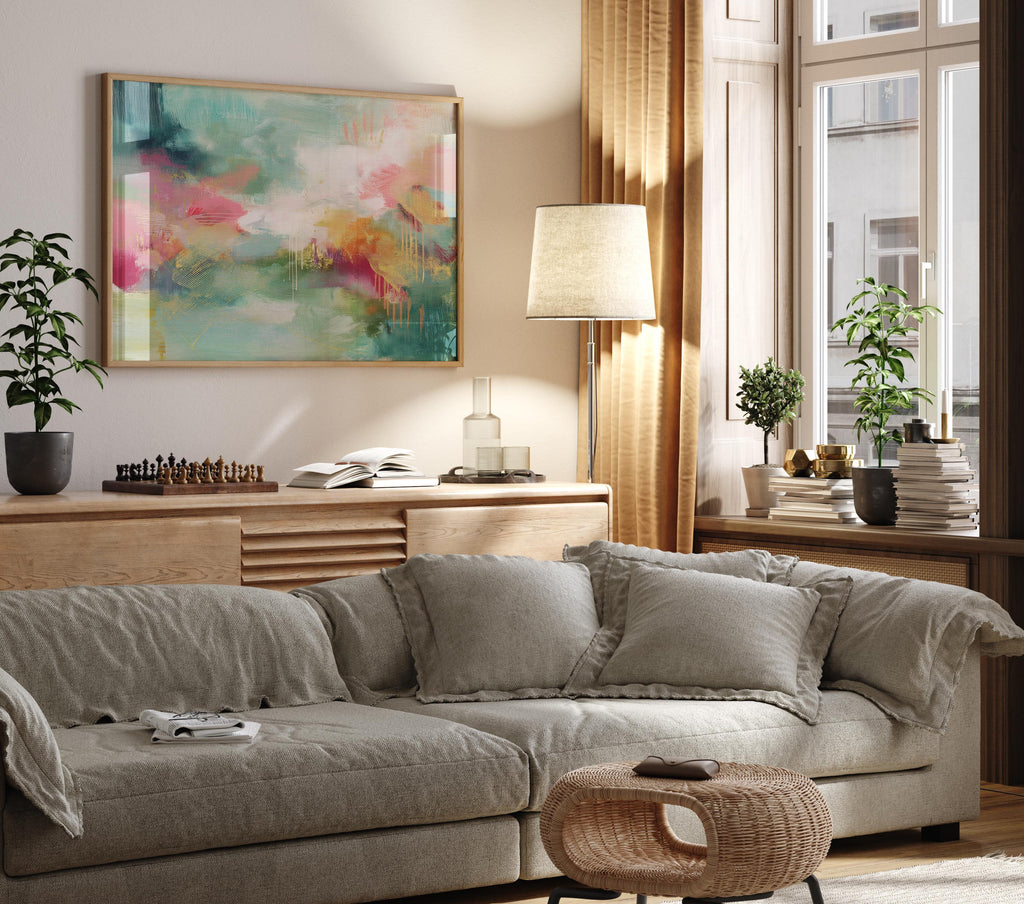 Colorful Abstract Wall Art in Blush and Green, Canvas Giclée Print, Bold Transitional Painting, Horizontal Large Living Room Decor