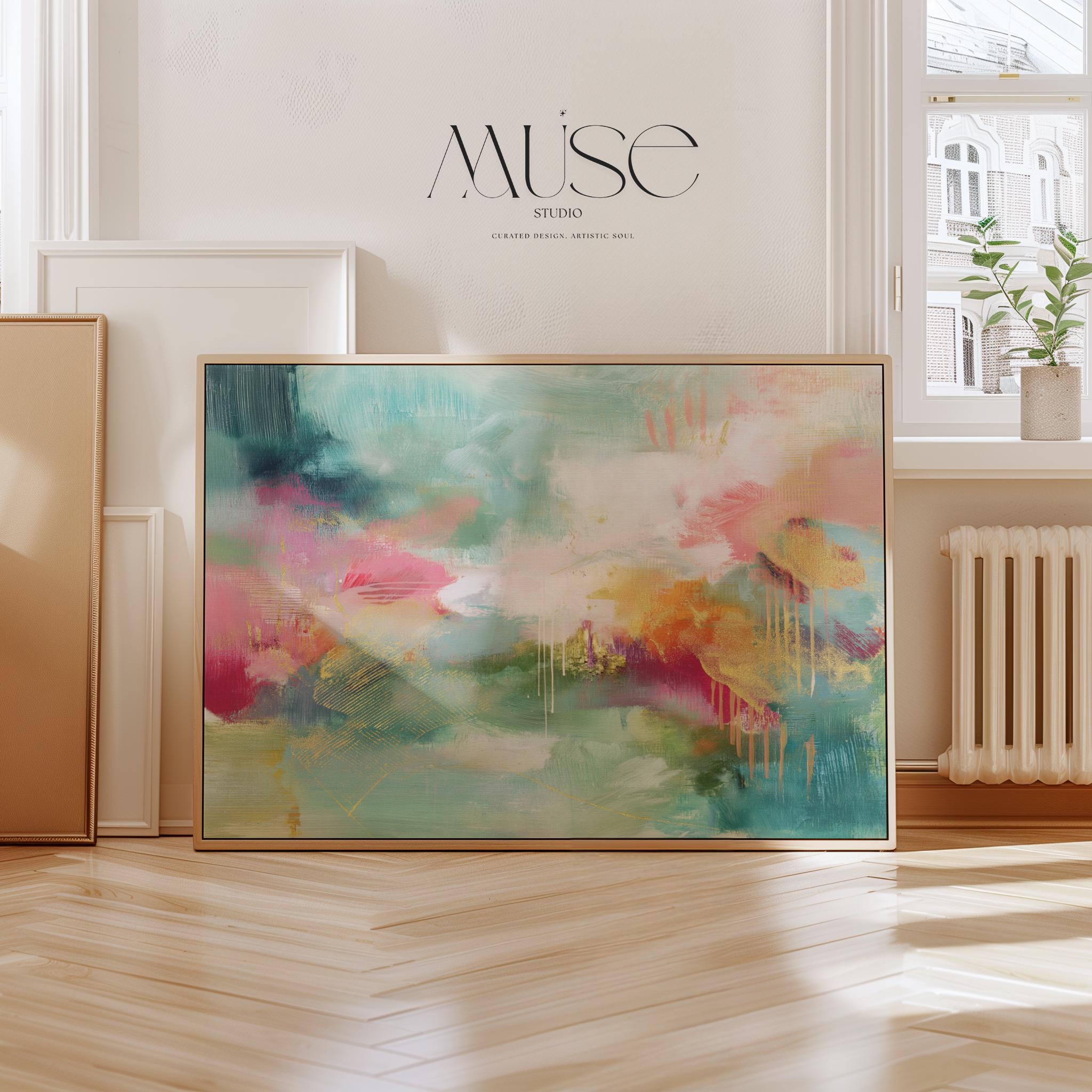 Fine art poster print of a horizontal abstract painting in blush pink, sage green, and warm golden tones. This boho-style wall art is printed on archival fine art paper with giclée quality for vibrant color and texture. Perfect for bedrooms, creative studios, or laid-back bohemian interiors. The artwork’s expressive brushstrokes and rich palette bring soft vibrancy to relaxed spaces. Muse Studio curated boutique decor.