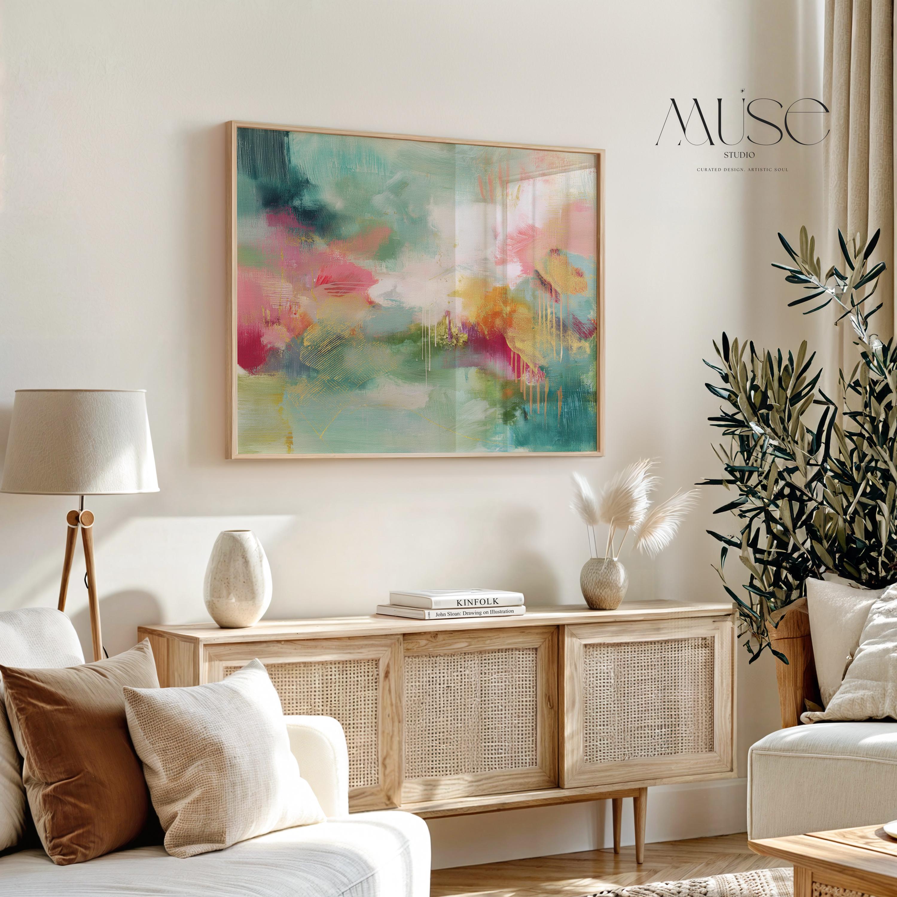 Fine art poster print of a horizontal abstract painting in blush pink, sage green, and warm golden tones. This boho-style wall art is printed on archival fine art paper with giclée quality for vibrant color and texture. Perfect for bedrooms, creative studios, or laid-back bohemian interiors. The artwork’s expressive brushstrokes and rich palette bring soft vibrancy to relaxed spaces. Muse Studio curated boutique decor.