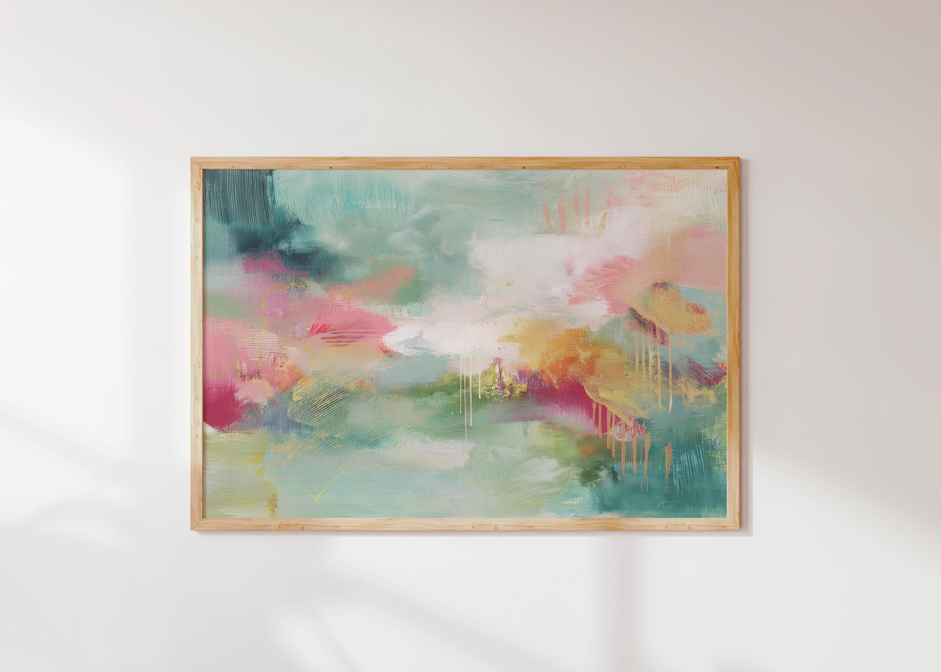 Fine art poster print of a horizontal abstract painting in blush pink, sage green, and warm golden tones. This boho-style wall art is printed on archival fine art paper with giclée quality for vibrant color and texture. Perfect for bedrooms, creative studios, or laid-back bohemian interiors. The artwork’s expressive brushstrokes and rich palette bring soft vibrancy to relaxed spaces. Muse Studio curated boutique decor.
