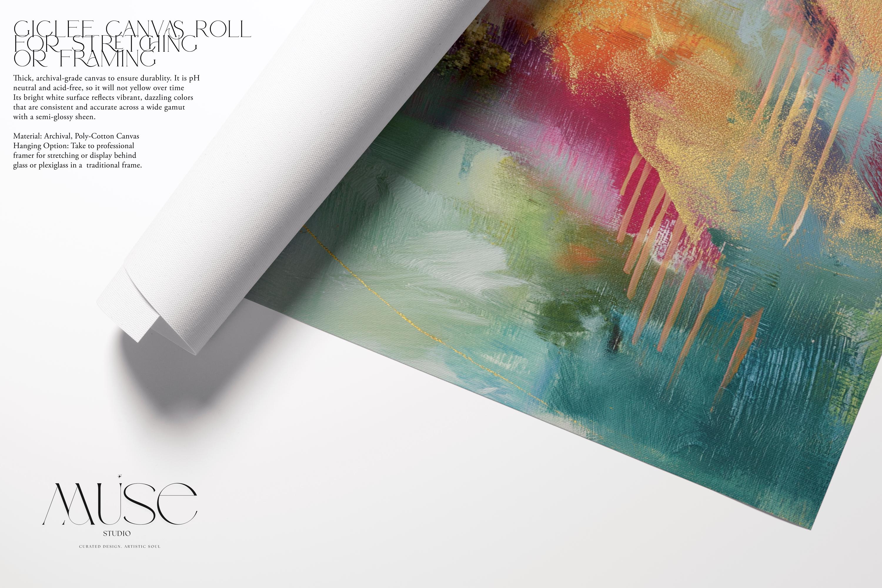Fine art poster print of a horizontal abstract painting in blush pink, sage green, and warm golden tones. This boho-style wall art is printed on archival fine art paper with giclée quality for vibrant color and texture. Perfect for bedrooms, creative studios, or laid-back bohemian interiors. The artwork’s expressive brushstrokes and rich palette bring soft vibrancy to relaxed spaces. Muse Studio curated boutique decor.