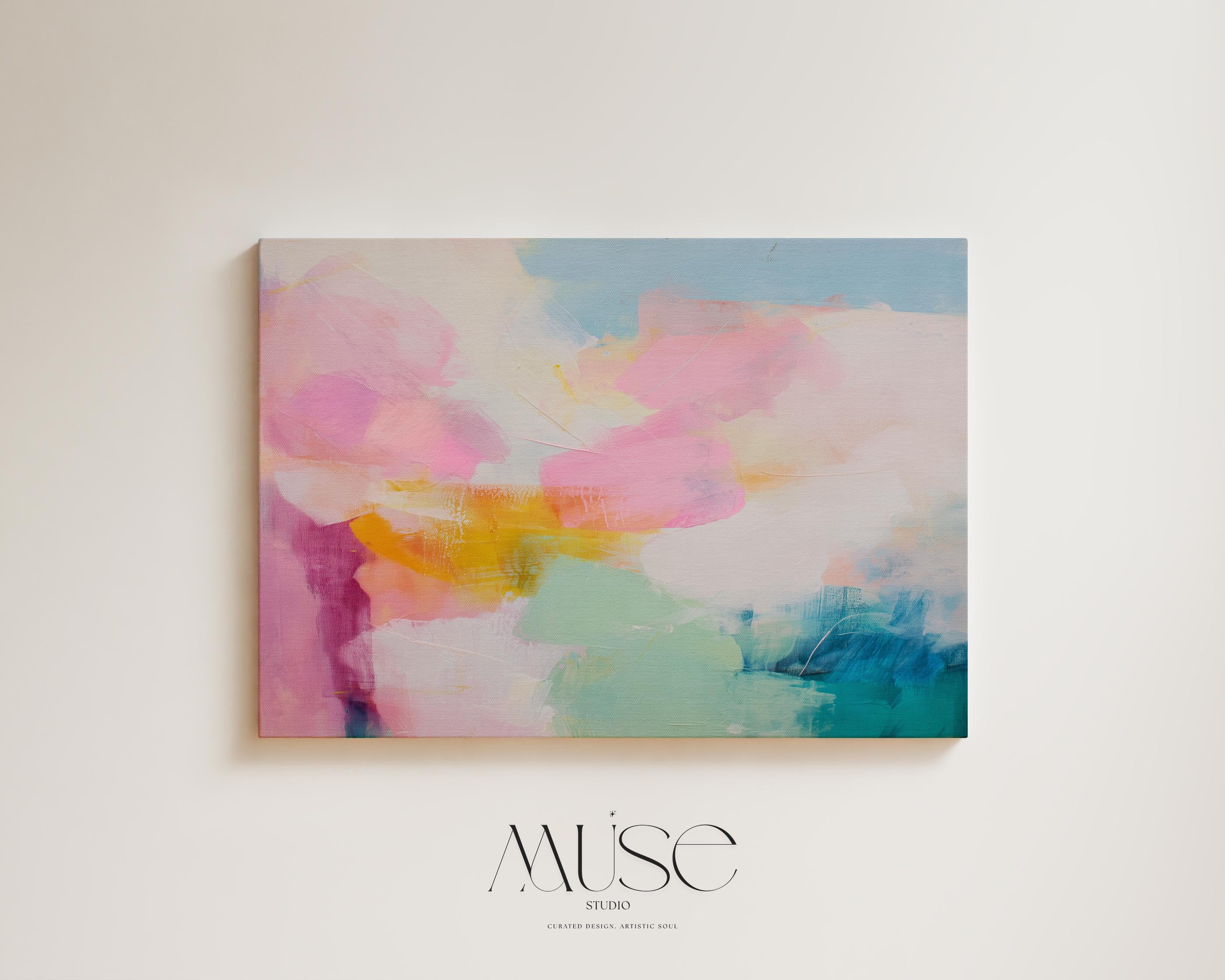 Soft coquette-inspired abstract artwork with a horizontal layout in blush pink, teal, aqua, and yellow. This bright and airy design blends feminine color pop style with soft contemporary brushstrokes. Offered as a gallery-wrapped canvas or fine art poster print. Ideal for bedrooms, nurseries, or stylish living spaces looking for a joyful color statement. Designed by Muse Studio for curated boutique interiors.
