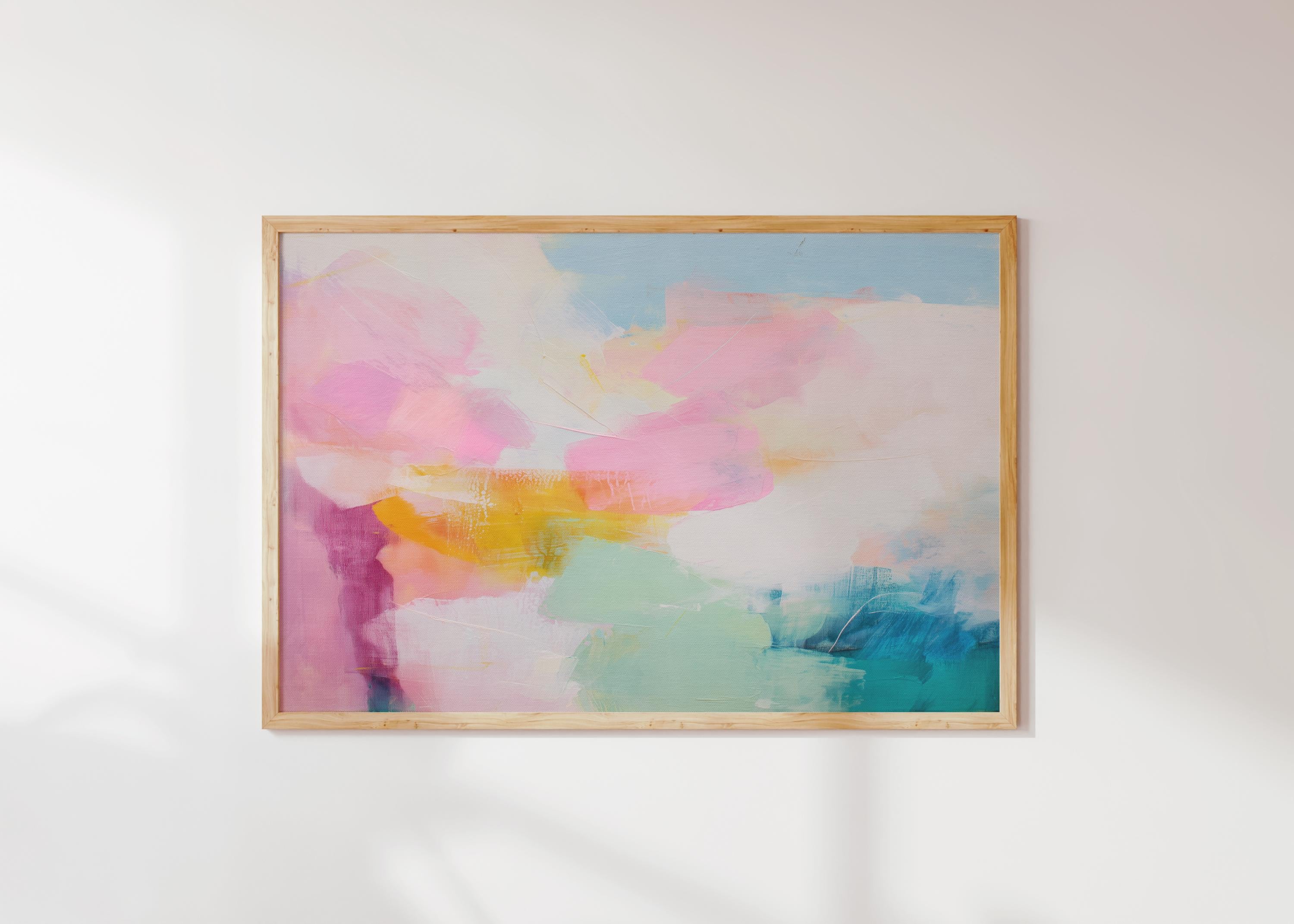 Soft coquette-inspired abstract artwork with a horizontal layout in blush pink, teal, aqua, and yellow. This bright and airy design blends feminine color pop style with soft contemporary brushstrokes. Offered as a gallery-wrapped canvas or fine art poster print. Ideal for bedrooms, nurseries, or stylish living spaces looking for a joyful color statement. Designed by Muse Studio for curated boutique interiors.