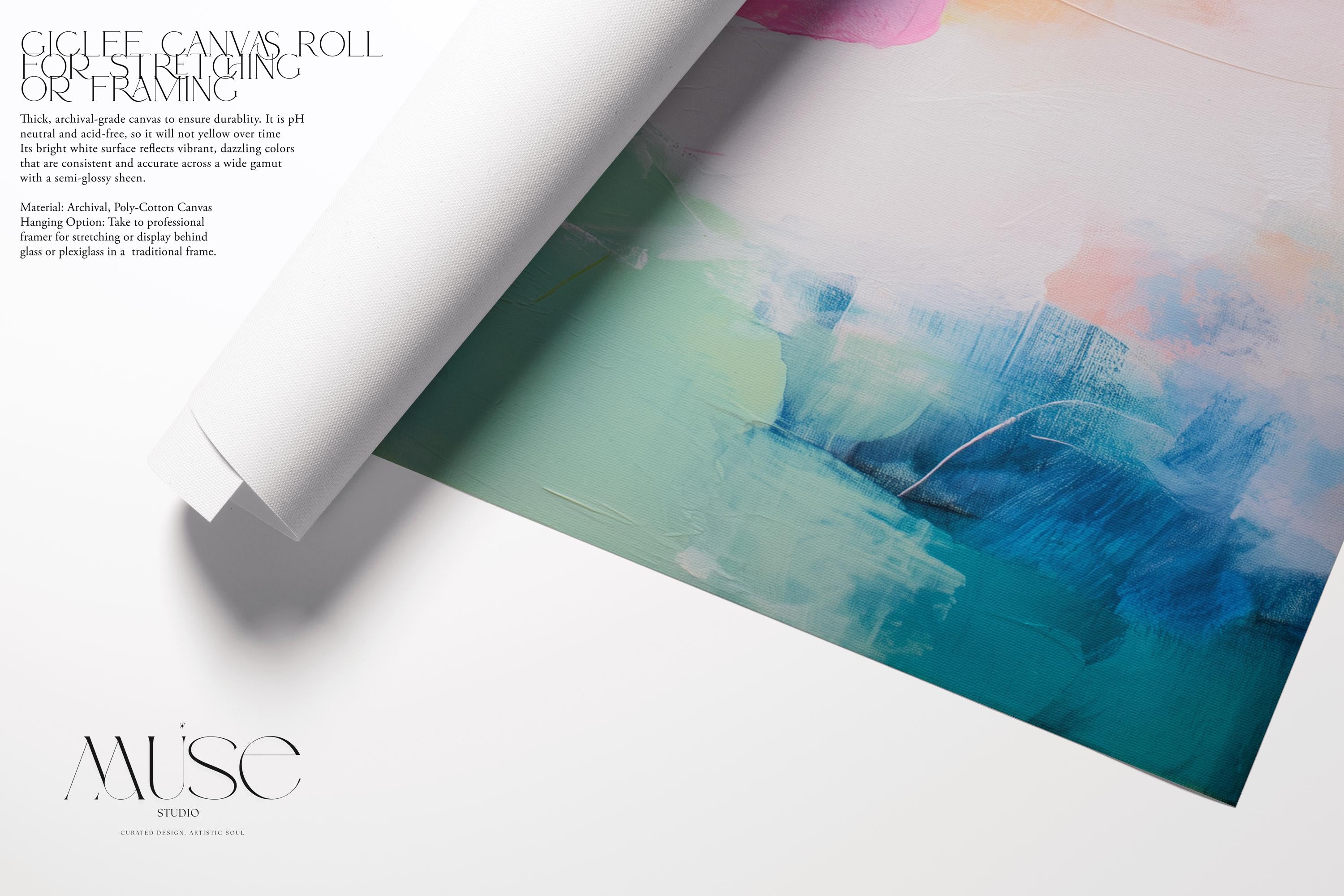 Soft coquette-inspired abstract artwork with a horizontal layout in blush pink, teal, aqua, and yellow. This bright and airy design blends feminine color pop style with soft contemporary brushstrokes. Offered as a gallery-wrapped canvas or fine art poster print. Ideal for bedrooms, nurseries, or stylish living spaces looking for a joyful color statement. Designed by Muse Studio for curated boutique interiors.