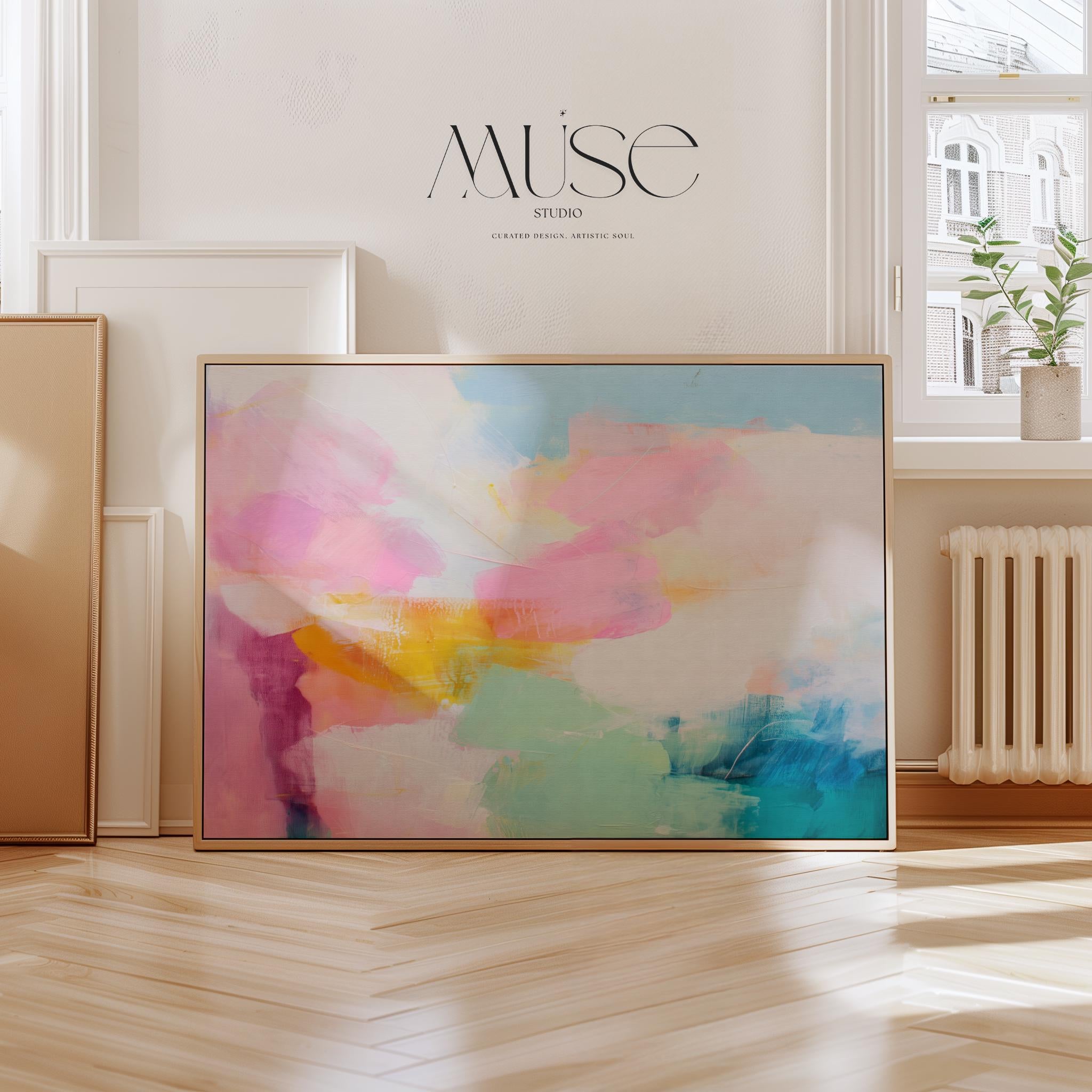 Soft coquette-inspired abstract artwork with a horizontal layout in blush pink, teal, aqua, and yellow. This bright and airy design blends feminine color pop style with soft contemporary brushstrokes. Offered as a gallery-wrapped canvas or fine art poster print. Ideal for bedrooms, nurseries, or stylish living spaces looking for a joyful color statement. Designed by Muse Studio for curated boutique interiors.