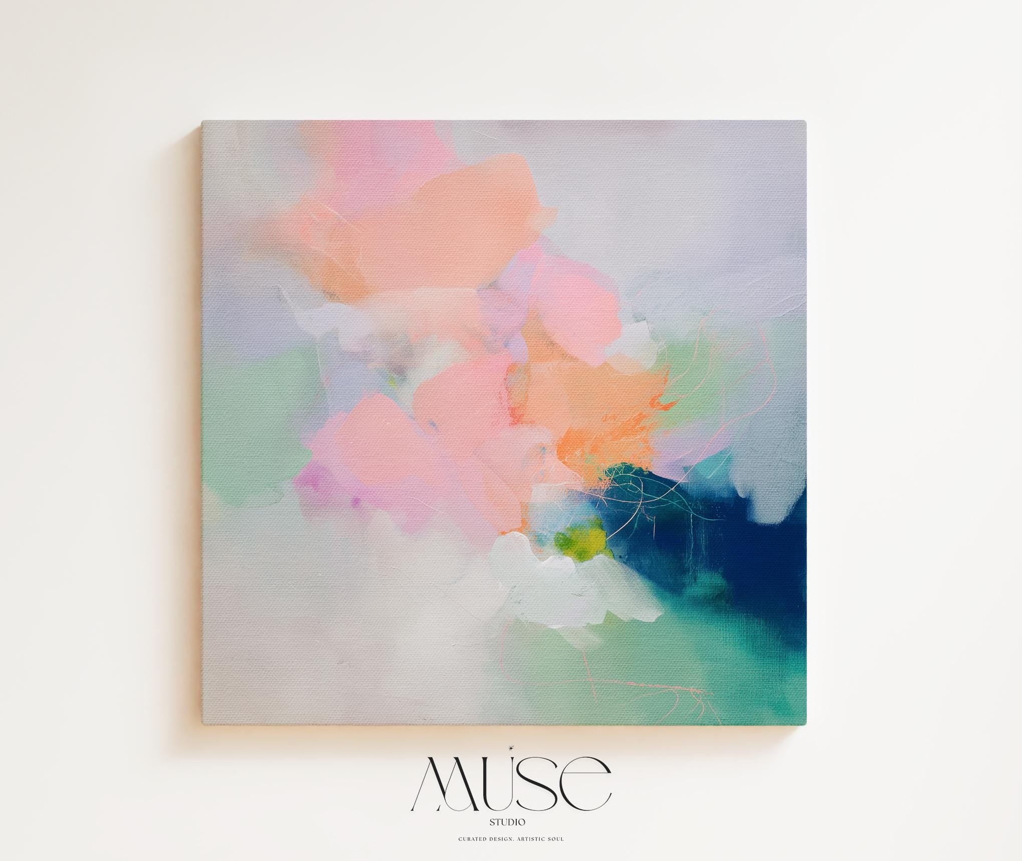 Square canvas wall art featuring a soft pastel abstract design in peach, blush pink, mint, and deep navy. This expressive boho-style painting from Muse Studio adds dreamy color and painterly texture to modern bedrooms, entryways, or gallery walls. Ideal for color pop and coquette-inspired decor, this artwork is available as a gallery-wrapped or framed canvas for stylish, high-end interiors.