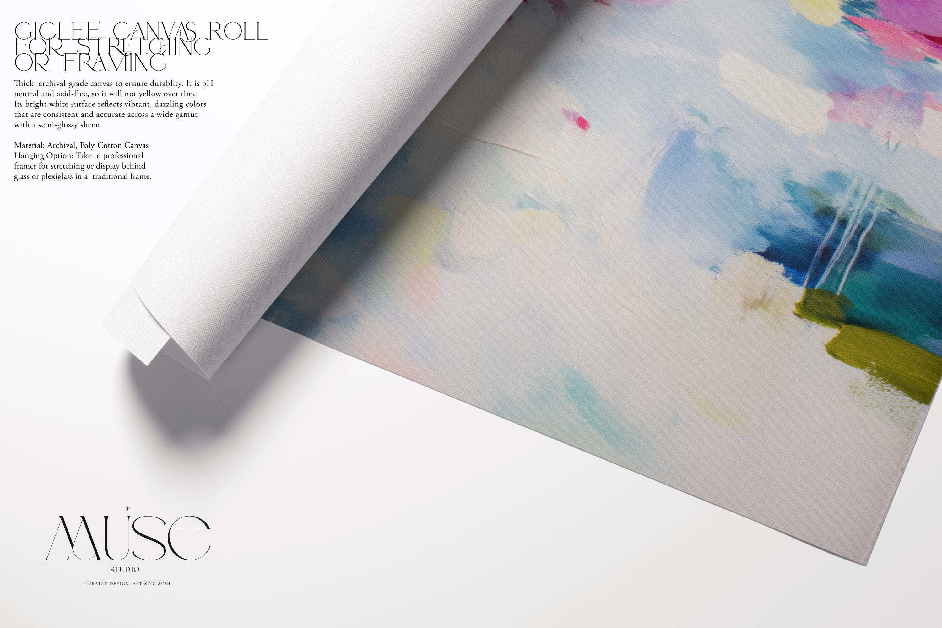 Horizontal abstract artwork in blush pink, magenta, lemon yellow, soft mint, and navy, layered over a pale ivory background with painterly brushstrokes and expressive movement. The soft color transitions and energetic drips reflect a modern, boho-inspired style. Ideal for soft contemporary, dopamine decor, and feminine interior trends, this piece brings a joyful, curated vibe to bedrooms, creative studios, or styled living rooms.