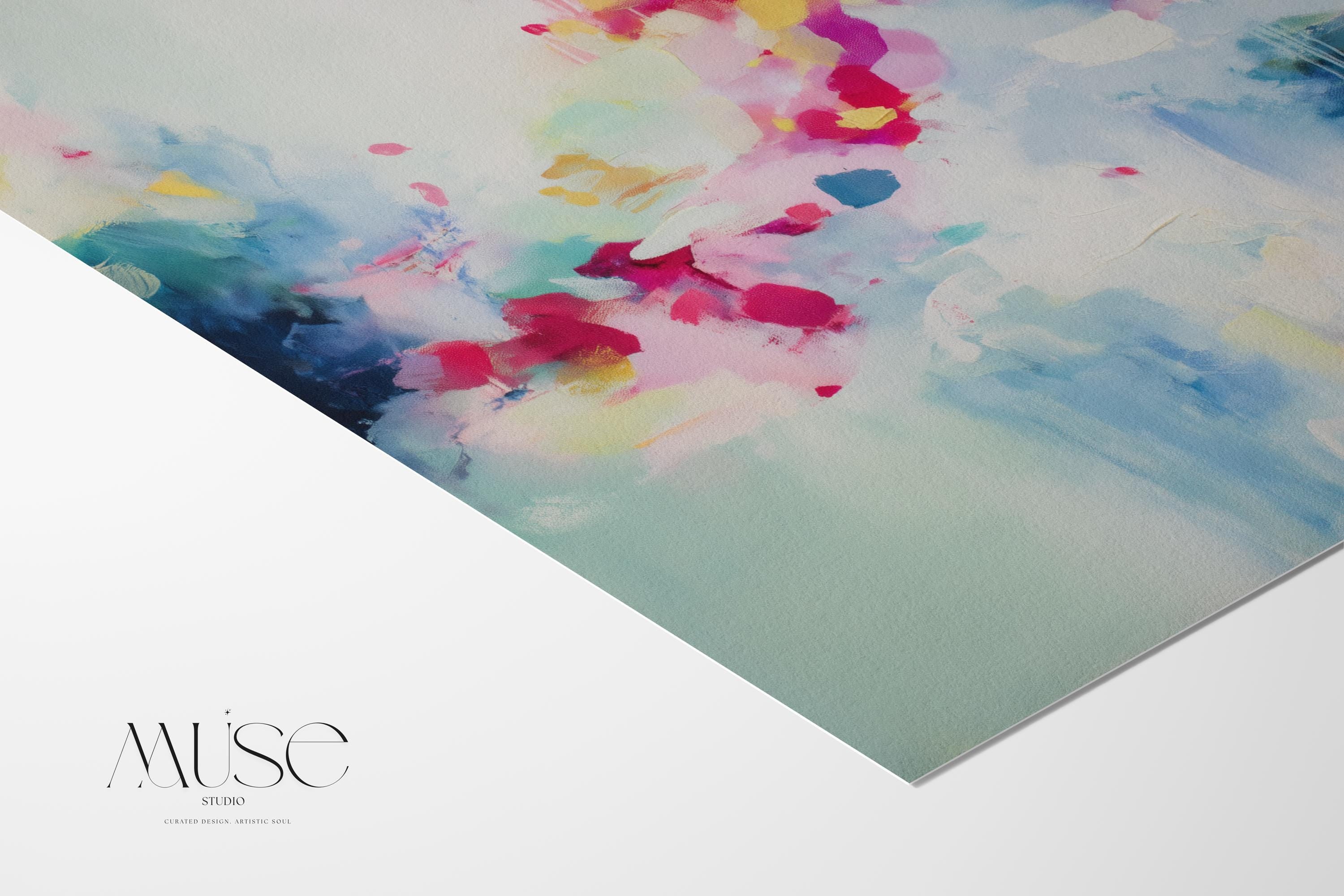 Horizontal abstract artwork in blush pink, magenta, lemon yellow, soft mint, and navy, layered over a pale ivory background with painterly brushstrokes and expressive movement. The soft color transitions and energetic drips reflect a modern, boho-inspired style. Ideal for soft contemporary, dopamine decor, and feminine interior trends, this piece brings a joyful, curated vibe to bedrooms, creative studios, or styled living rooms.