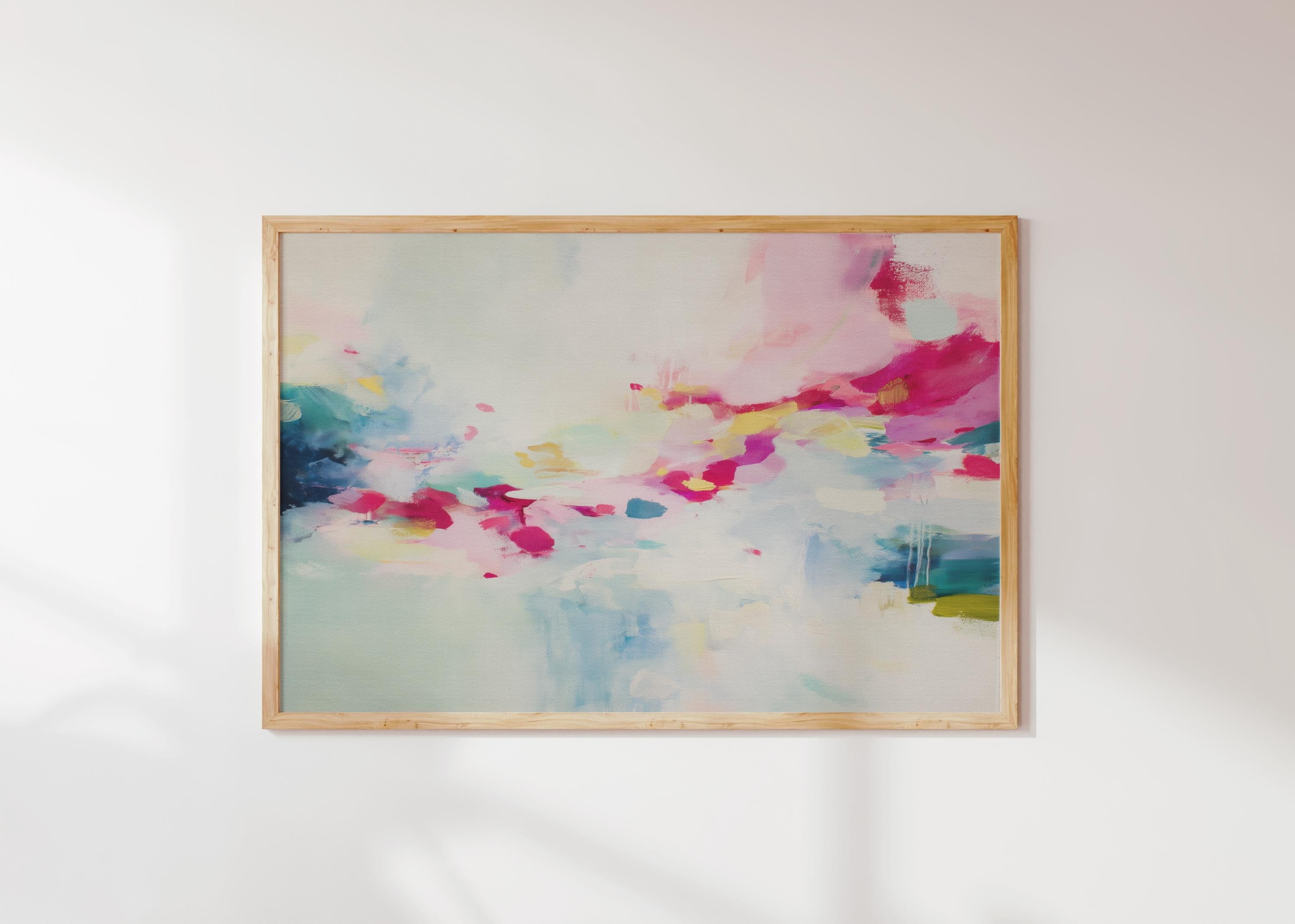 Horizontal boho abstract artwork featuring bold pink, teal, and soft blue brushstrokes with painterly drips and texture. Printed as a fine art giclée poster, this piece suits soft contemporary and color pop decor. Ideal for bedrooms, creative spaces, or statement gallery walls in vibrant, design-forward interiors.