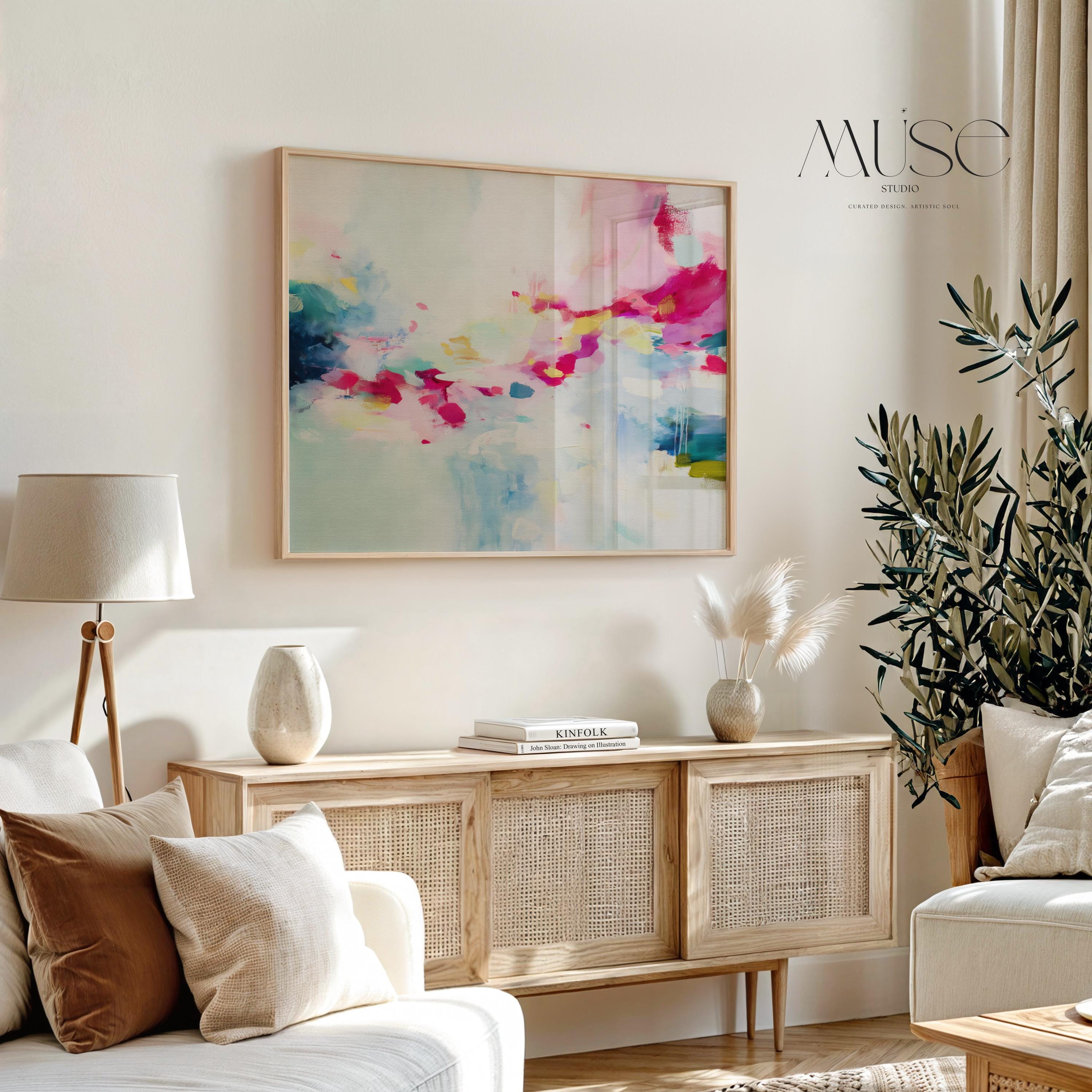 Horizontal boho abstract artwork featuring bold pink, teal, and soft blue brushstrokes with painterly drips and texture. Printed as a fine art giclée poster, this piece suits soft contemporary and color pop decor. Ideal for bedrooms, creative spaces, or statement gallery walls in vibrant, design-forward interiors.