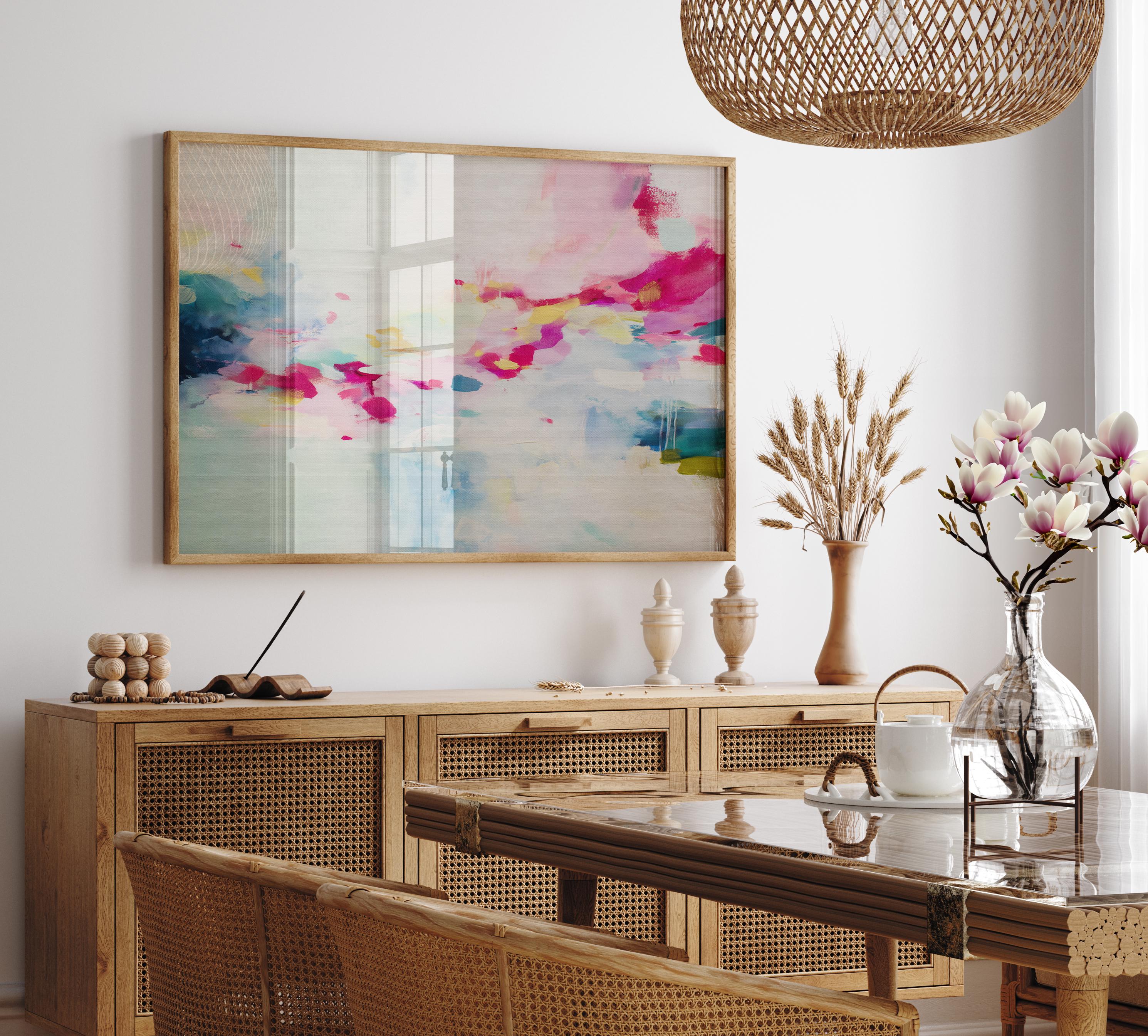 Horizontal boho abstract artwork featuring bold pink, teal, and soft blue brushstrokes with painterly drips and texture. Printed as a fine art giclée poster, this piece suits soft contemporary and color pop decor. Ideal for bedrooms, creative spaces, or statement gallery walls in vibrant, design-forward interiors.