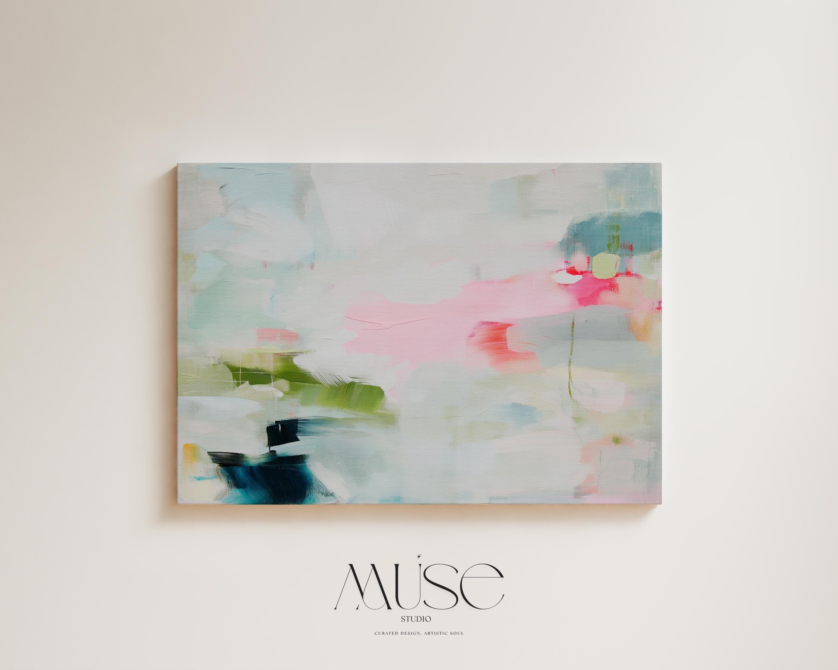 Soft abstract canvas wall art featuring blush pink, sage green, and navy with airy brushstrokes and a serene layout. This large modern artwork suits living rooms, bedrooms, or transitional interiors. Available as a canvas wrap, floating frame, or giclée art print. Available as a fine art poster or canvas wall art for curated, color-forward decor.