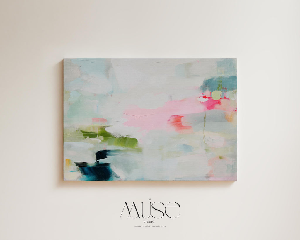 Soft abstract canvas wall art featuring blush pink, sage green, and navy with airy brushstrokes and a serene layout. This large modern artwork suits living rooms, bedrooms, or transitional interiors. Available as a canvas wrap, floating frame, or giclée art print. Available as a fine art poster or canvas wall art for curated, color-forward decor.