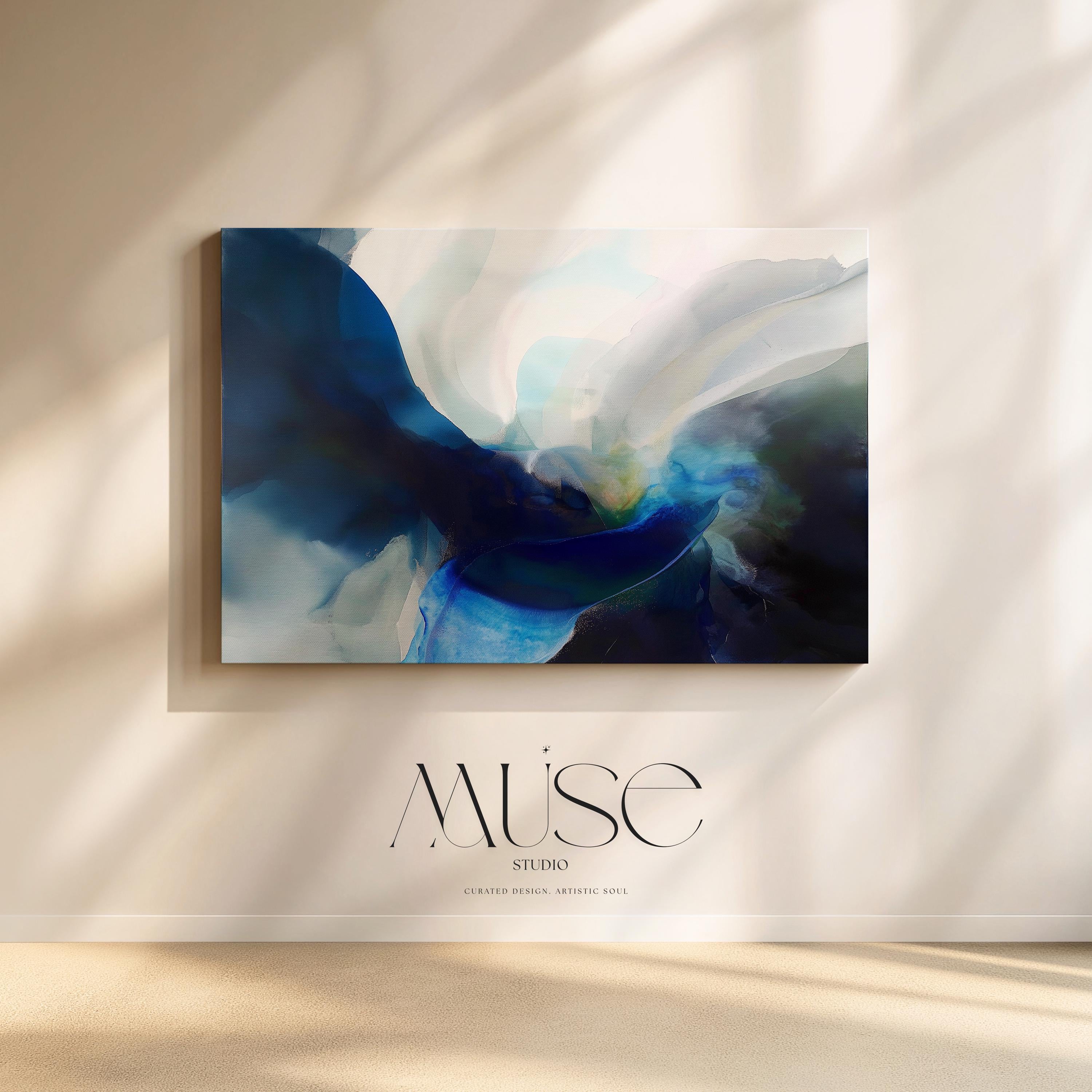 Horizontal abstract wall art in deep navy, misty teal, and soft blue tones, painted in a fluid, ocean-inspired style. Designed for moody, modern spaces and perfect for living rooms, bedrooms, or office walls. Available as a fine art poster or canvas wall art for curated, color-forward decor.