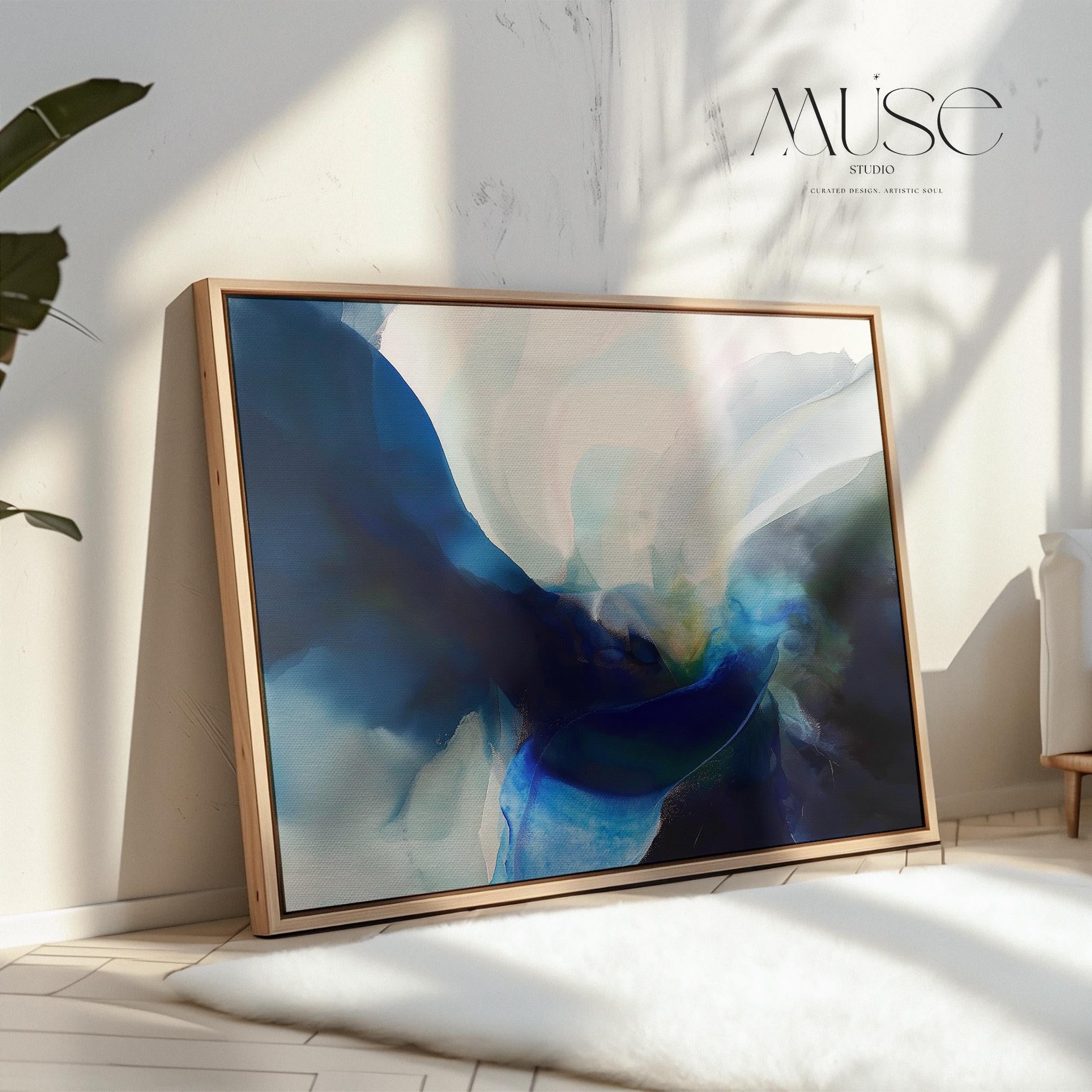 Horizontal abstract wall art in deep navy, misty teal, and soft blue tones, painted in a fluid, ocean-inspired style. Designed for moody, modern spaces and perfect for living rooms, bedrooms, or office walls. Available as a fine art poster or canvas wall art for curated, color-forward decor.