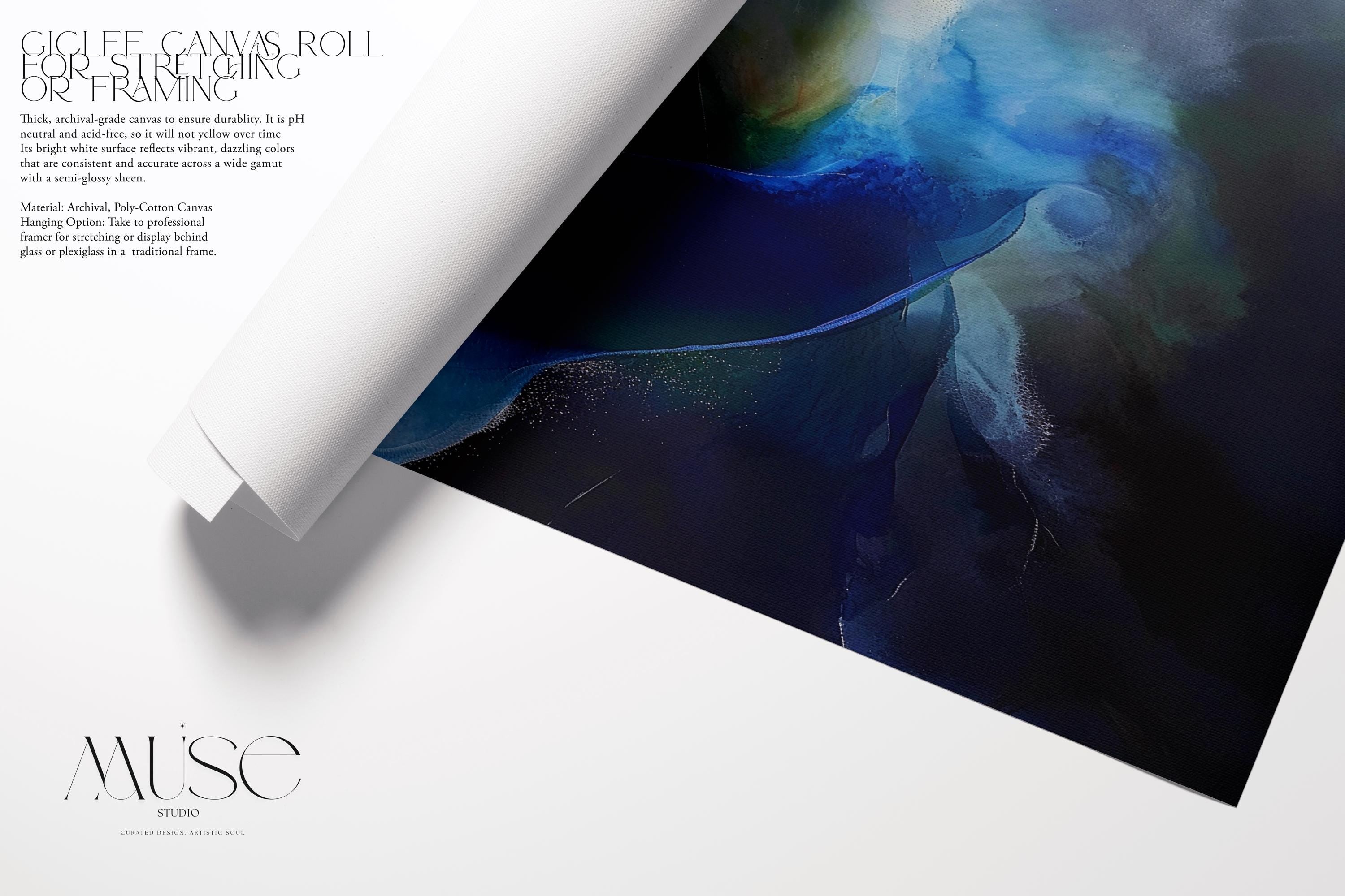 Horizontal abstract wall art in deep navy, misty teal, and soft blue tones, painted in a fluid, ocean-inspired style. Designed for moody, modern spaces and perfect for living rooms, bedrooms, or office walls. Available as a fine art poster or canvas wall art for curated, color-forward decor.