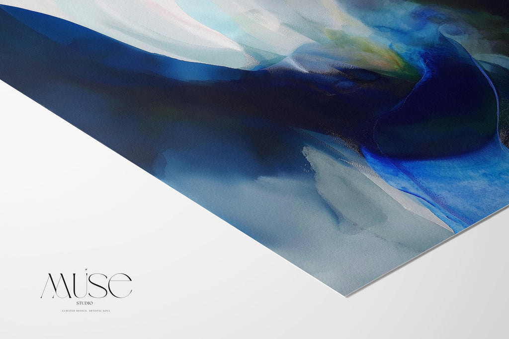 Horizontal abstract wall art in deep navy, misty teal, and soft blue tones, painted in a fluid, ocean-inspired style. Designed for moody, modern spaces and perfect for living rooms, bedrooms, or office walls. Available as a fine art poster or canvas wall art for curated, color-forward decor.