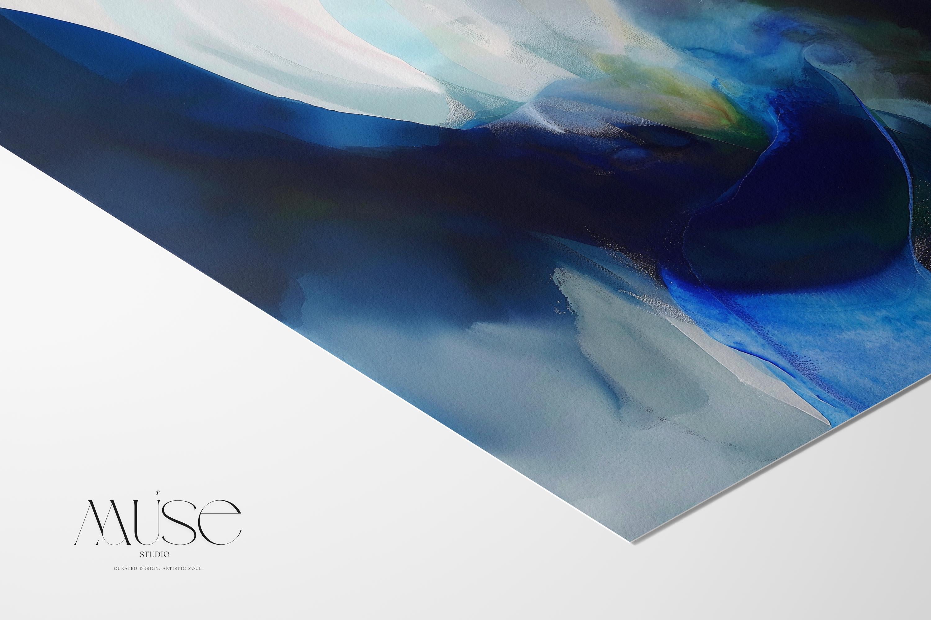 Horizontal abstract wall art in deep navy, misty teal, and soft blue tones, painted in a fluid, ocean-inspired style. Designed for moody, modern spaces and perfect for living rooms, bedrooms, or office walls. Available as a fine art poster or canvas wall art for curated, color-forward decor.