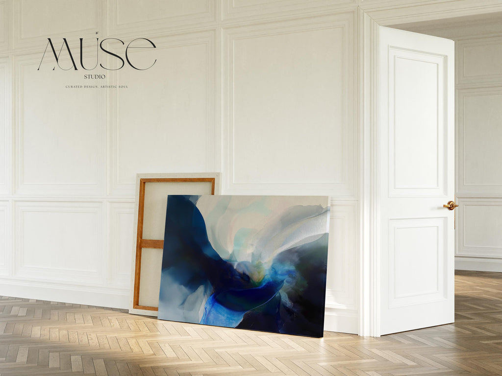 Horizontal abstract wall art in deep navy, misty teal, and soft blue tones, painted in a fluid, ocean-inspired style. Designed for moody, modern spaces and perfect for living rooms, bedrooms, or office walls. Available as a fine art poster or canvas wall art for curated, color-forward decor.