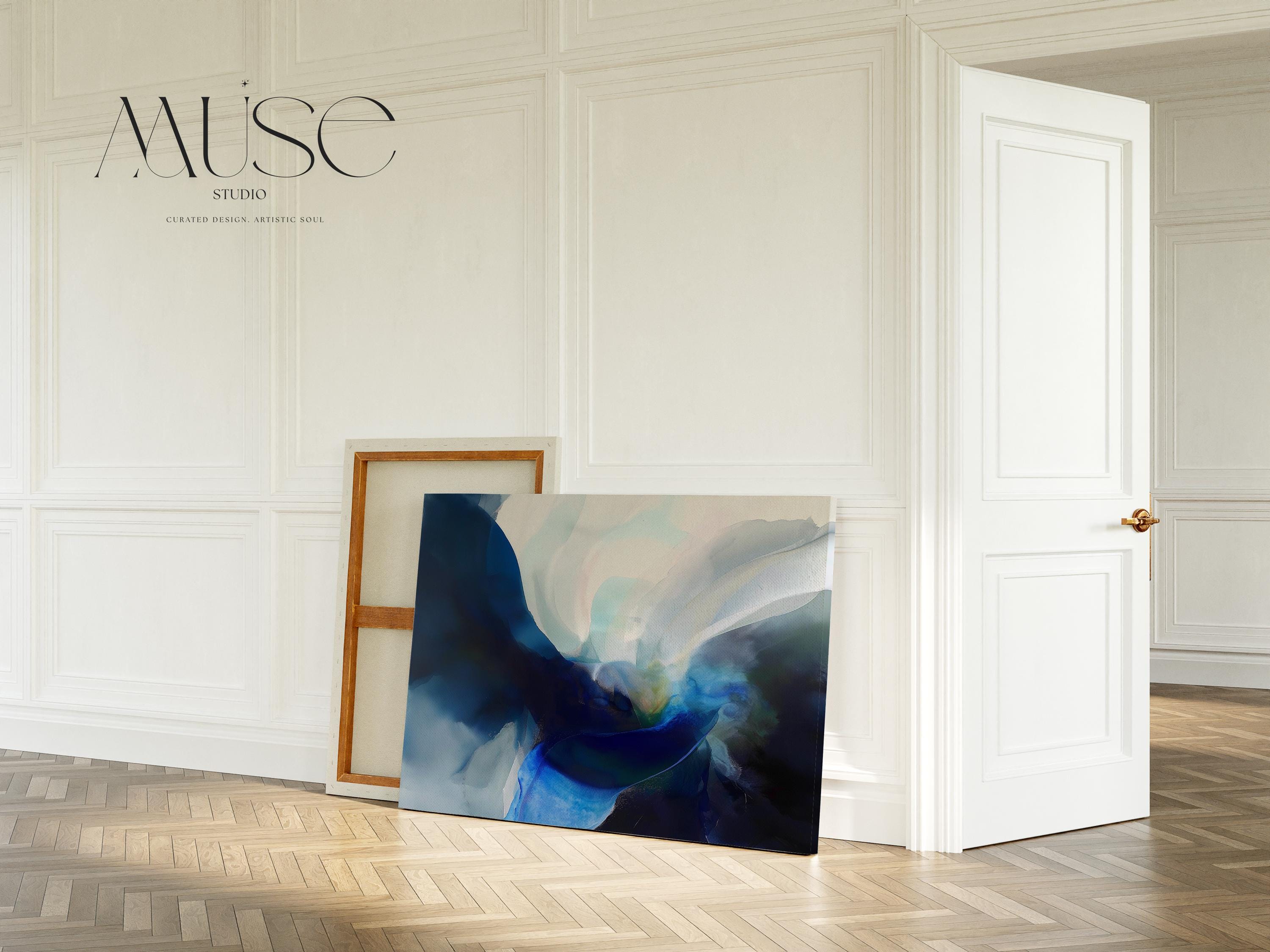 Horizontal abstract wall art in deep navy, misty teal, and soft blue tones, painted in a fluid, ocean-inspired style. Designed for moody, modern spaces and perfect for living rooms, bedrooms, or office walls. Available as a fine art poster or canvas wall art for curated, color-forward decor.