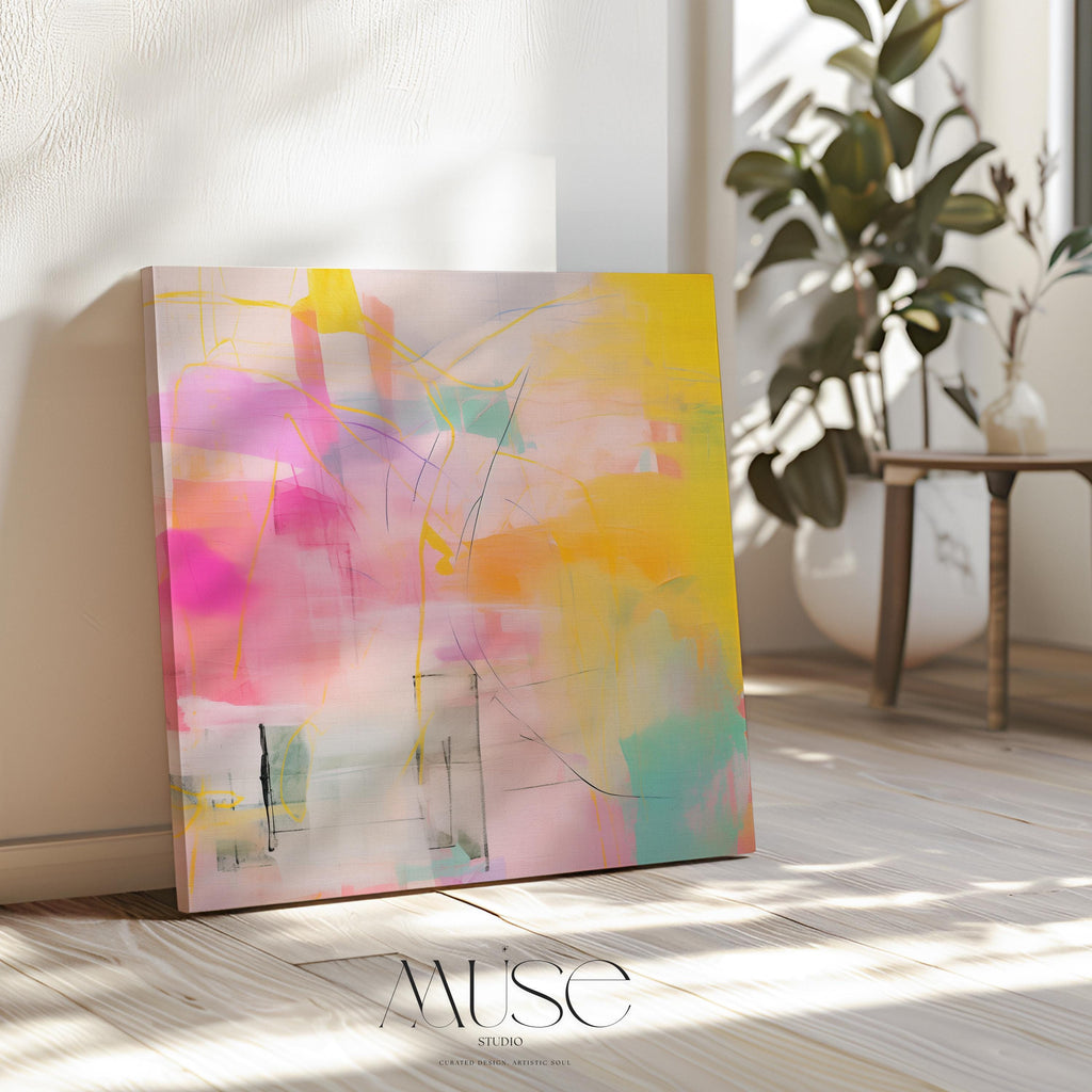 “Square pastel pink and yellow abstract canvas wall art with soft contemporary color-pop styling, ideal for bedroom, nursery, or modern living room spaces. Available as gallery-wrapped canvas or floating framed canvas by Muse Studio, artwork 065.”