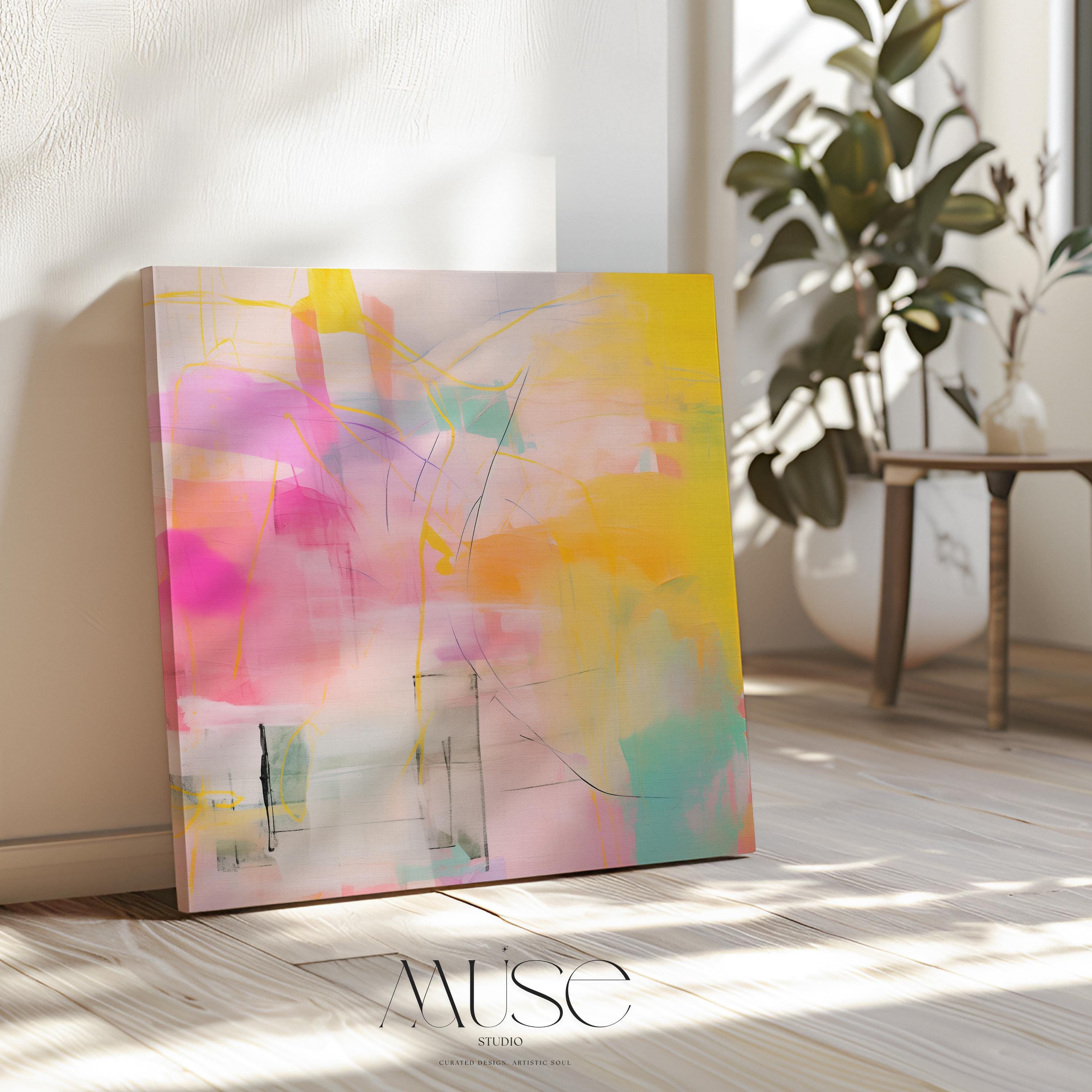 “Square pastel pink and yellow abstract canvas wall art with soft contemporary color-pop styling, ideal for bedroom, nursery, or modern living room spaces. Available as gallery-wrapped canvas or floating framed canvas by Muse Studio, artwork 065.”