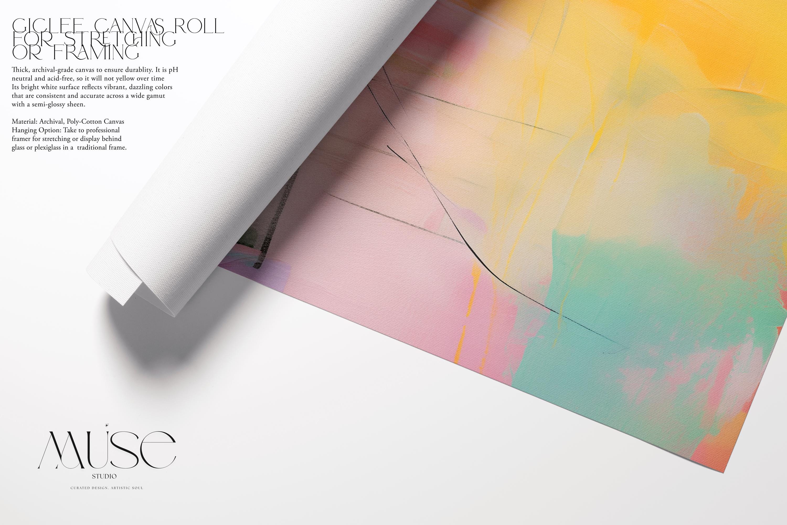 “Square pastel pink and yellow abstract canvas wall art with soft contemporary color-pop styling, ideal for bedroom, nursery, or modern living room spaces. Available as gallery-wrapped canvas or floating framed canvas by Muse Studio, artwork 065.”
