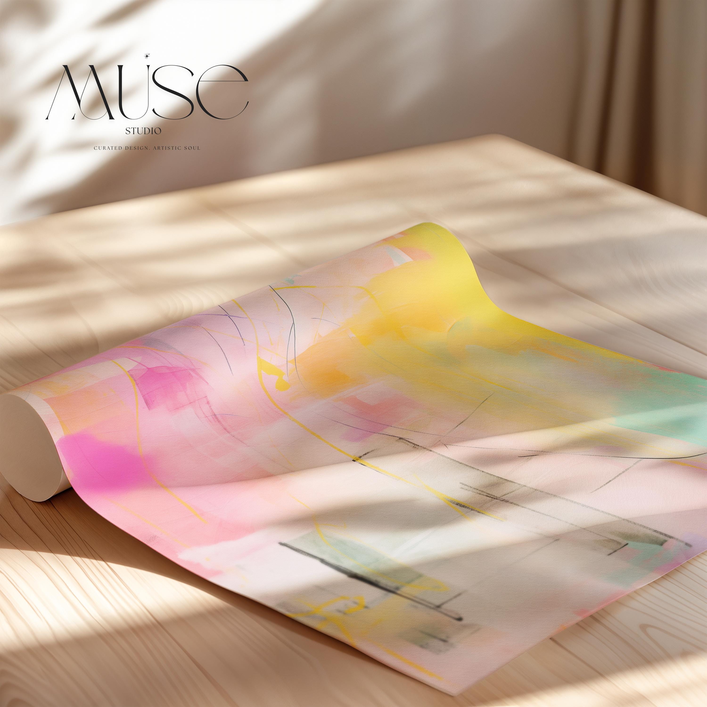 “Square pastel pink and yellow abstract canvas wall art with soft contemporary color-pop styling, ideal for bedroom, nursery, or modern living room spaces. Available as gallery-wrapped canvas or floating framed canvas by Muse Studio, artwork 065.”