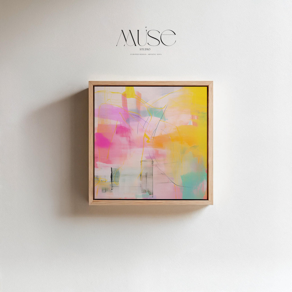 “Square pastel pink and yellow abstract canvas wall art with soft contemporary color-pop styling, ideal for bedroom, nursery, or modern living room spaces. Available as gallery-wrapped canvas or floating framed canvas by Muse Studio, artwork 065.”