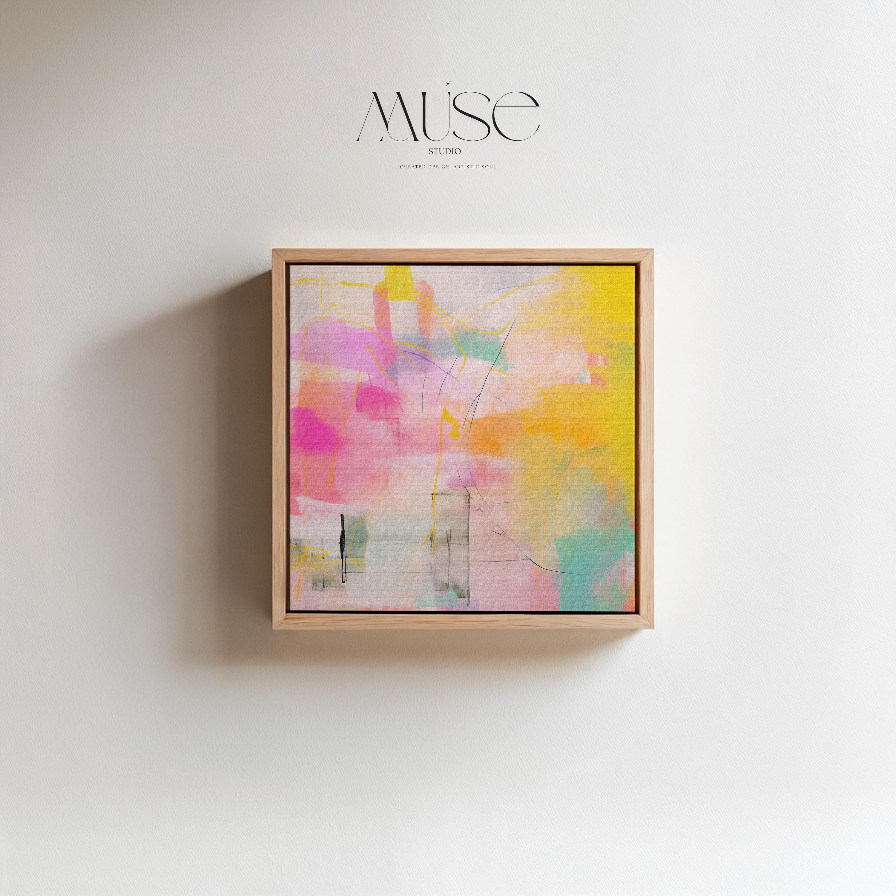 “Square pastel pink and yellow abstract canvas wall art with soft contemporary color-pop styling, ideal for bedroom, nursery, or modern living room spaces. Available as gallery-wrapped canvas or floating framed canvas by Muse Studio, artwork 065.”