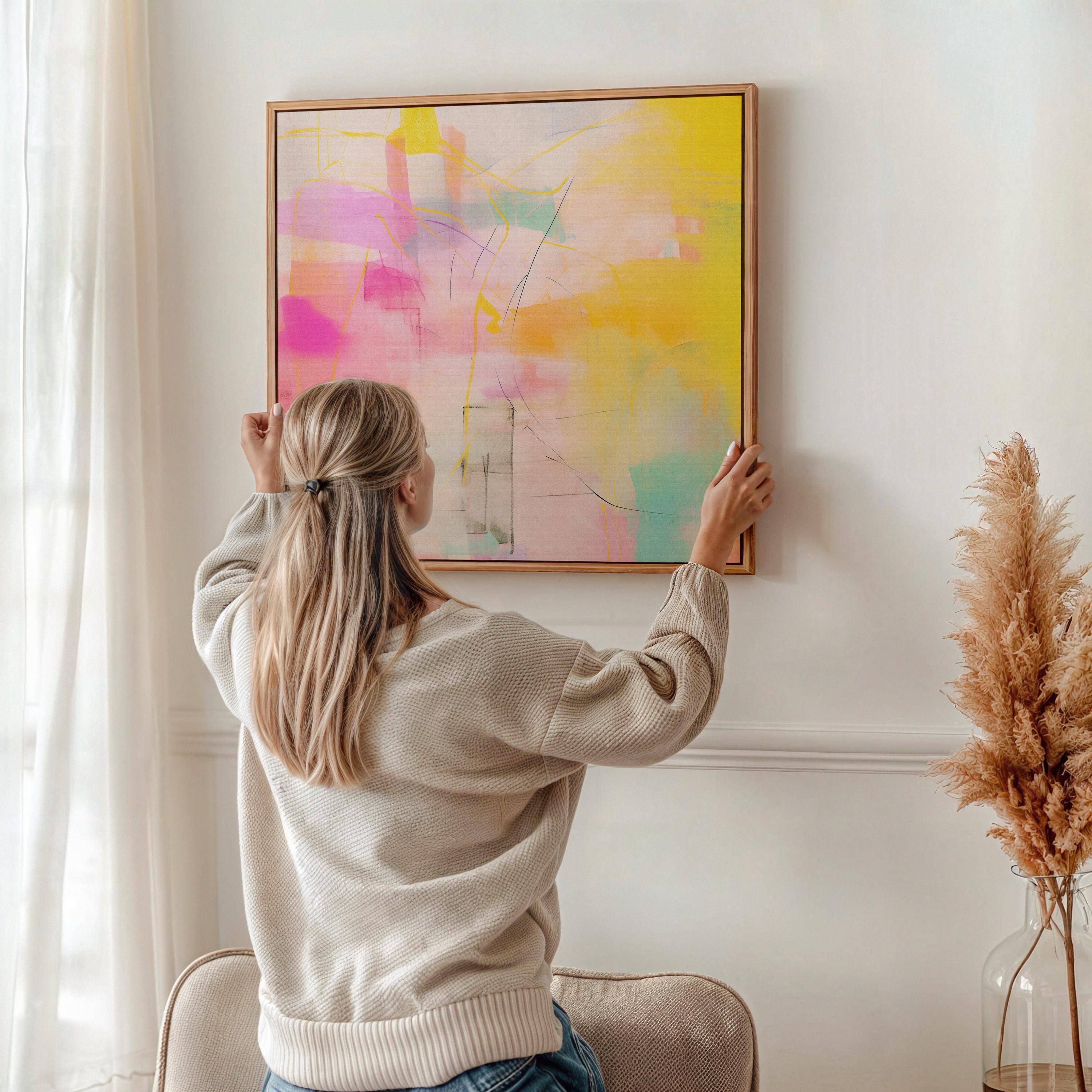 “Square pastel pink and yellow abstract canvas wall art with soft contemporary color-pop styling, ideal for bedroom, nursery, or modern living room spaces. Available as gallery-wrapped canvas or floating framed canvas by Muse Studio, artwork 065.”