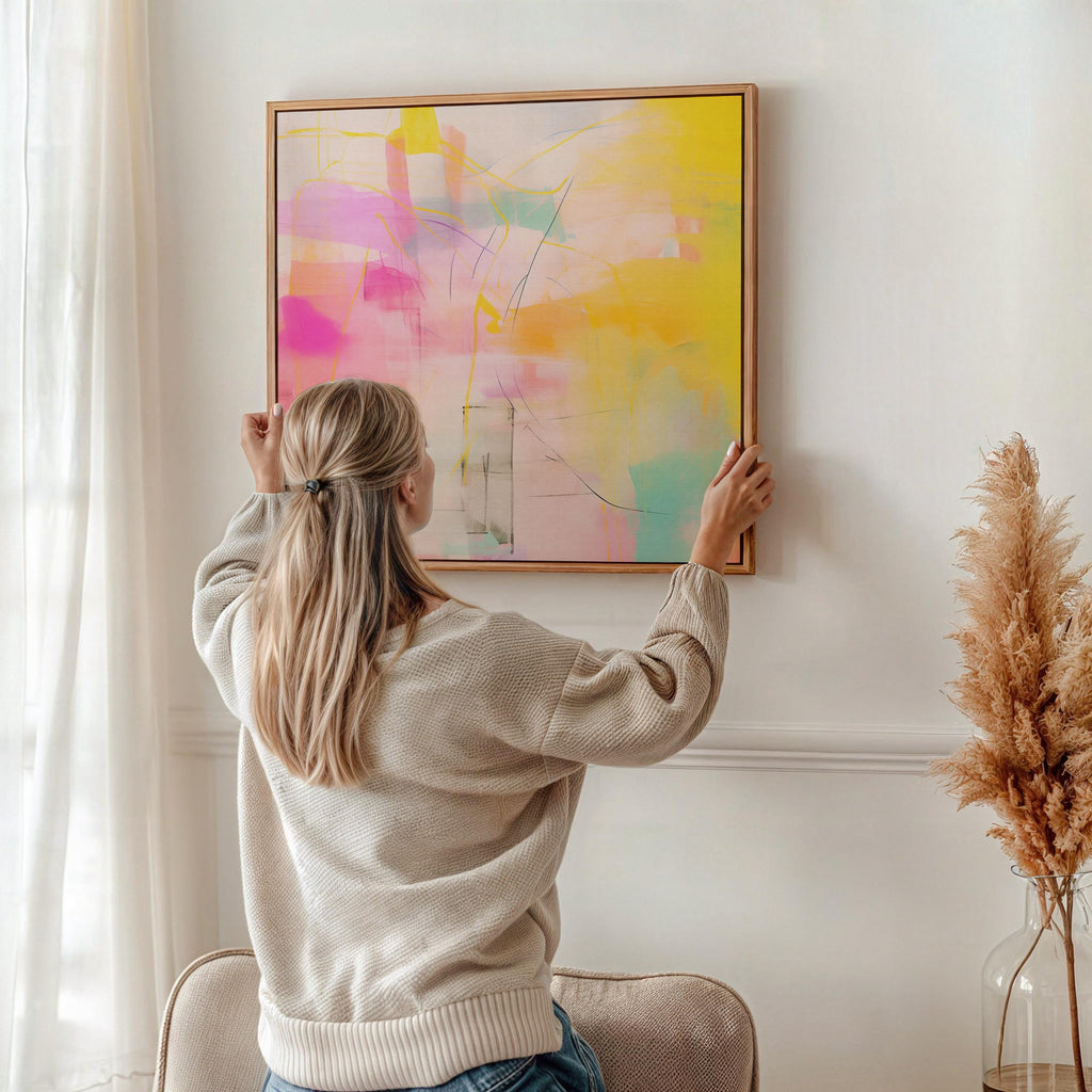 “Square pastel pink and yellow abstract canvas wall art with soft contemporary color-pop styling, ideal for bedroom, nursery, or modern living room spaces. Available as gallery-wrapped canvas or floating framed canvas by Muse Studio, artwork 065.”