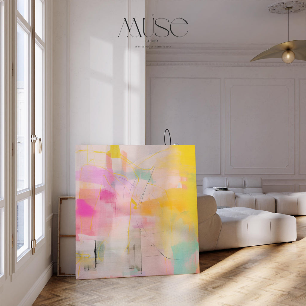 “Square pastel pink and yellow abstract canvas wall art with soft contemporary color-pop styling, ideal for bedroom, nursery, or modern living room spaces. Available as gallery-wrapped canvas or floating framed canvas by Muse Studio, artwork 065.”