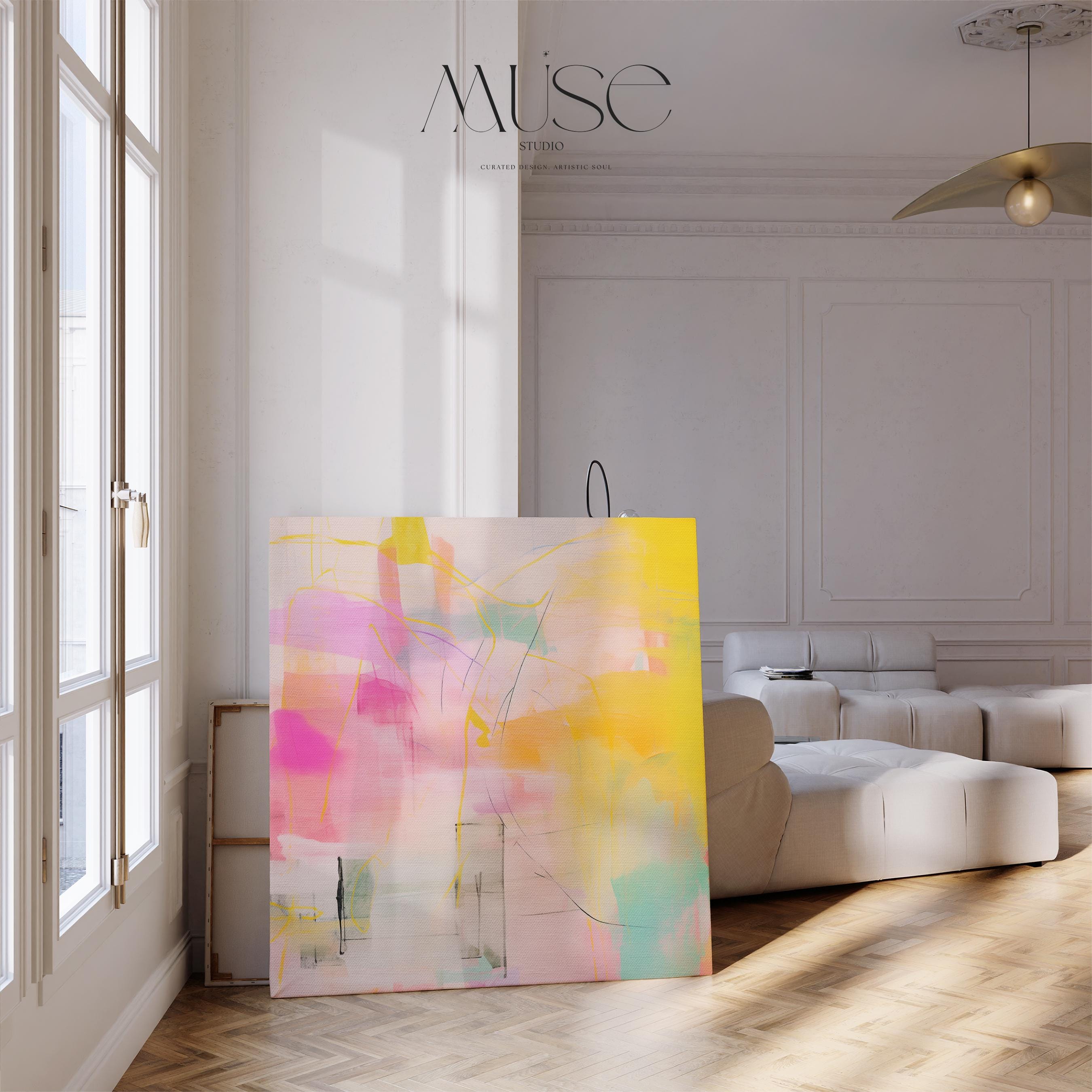 “Square pastel pink and yellow abstract canvas wall art with soft contemporary color-pop styling, ideal for bedroom, nursery, or modern living room spaces. Available as gallery-wrapped canvas or floating framed canvas by Muse Studio, artwork 065.”