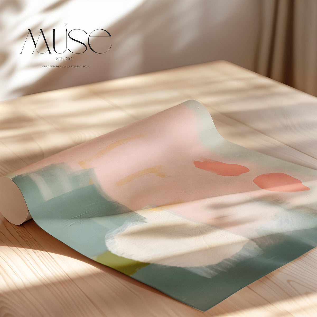Square warm minimalist abstract wall art featuring blush pink, muted green, soft white, and clay orange tones in a calm, balanced layout. Designed for muted modern decor in bedrooms, entryways, or transitional interiors. Available as a fine art poster or canvas wall art for curated, color-forward decor.