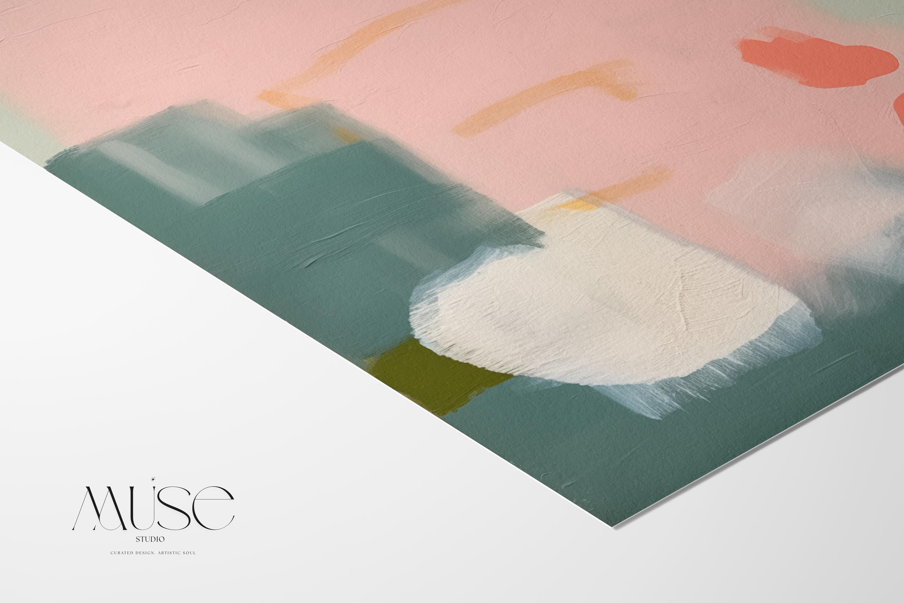 Square warm minimalist abstract wall art featuring blush pink, muted green, soft white, and clay orange tones in a calm, balanced layout. Designed for muted modern decor in bedrooms, entryways, or transitional interiors. Available as a fine art poster or canvas wall art for curated, color-forward decor.