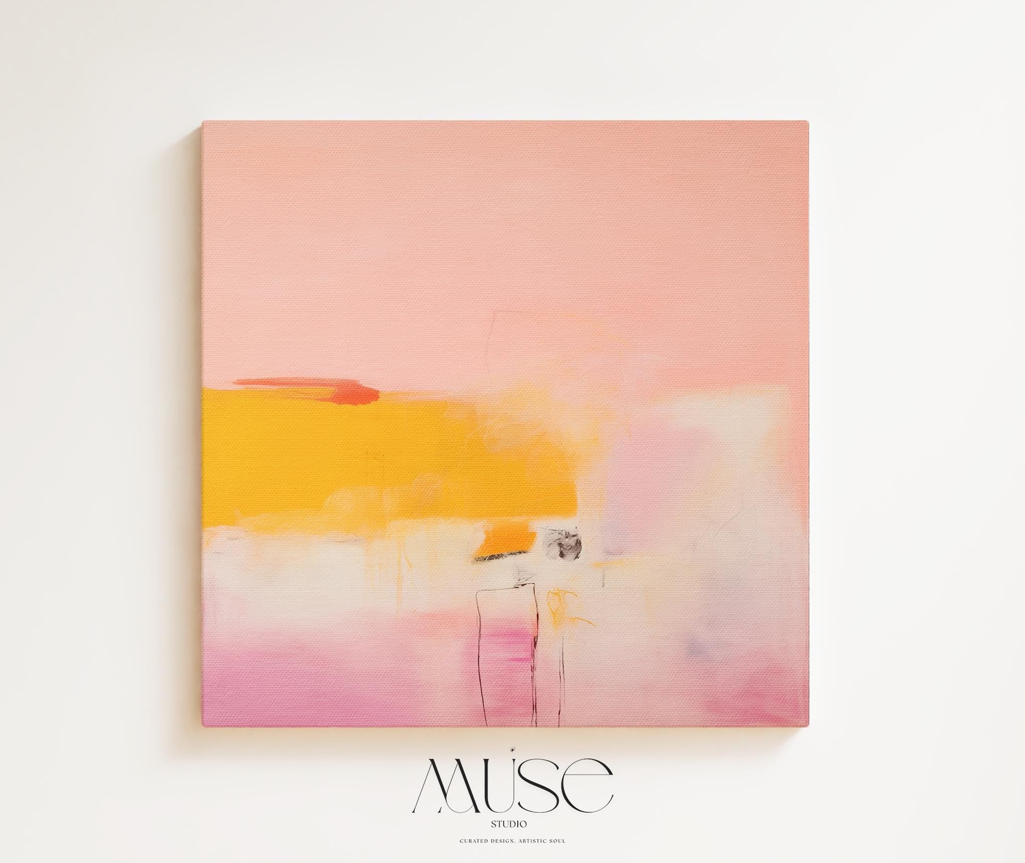 Square abstract wall art in blush pink, warm yellow, and pale lavender tones with soft brushstrokes and minimal linework. Ideal for warm minimalist or soft modern spaces such as bedrooms or transitional offices. Available as a fine art poster or canvas wall art for curated, color-forward decor.
