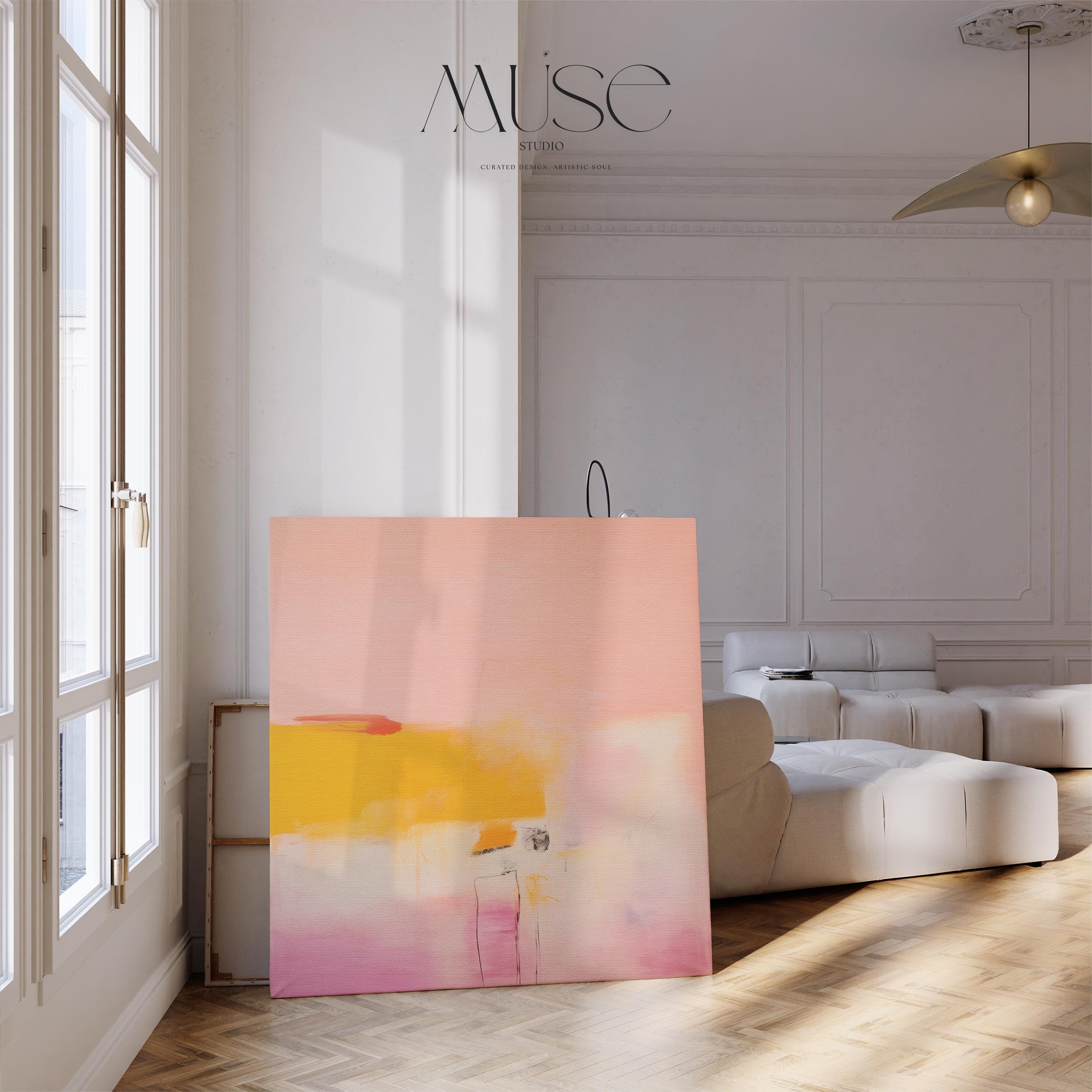 Square abstract wall art in blush pink, warm yellow, and pale lavender tones with soft brushstrokes and minimal linework. Ideal for warm minimalist or soft modern spaces such as bedrooms or transitional offices. Available as a fine art poster or canvas wall art for curated, color-forward decor.