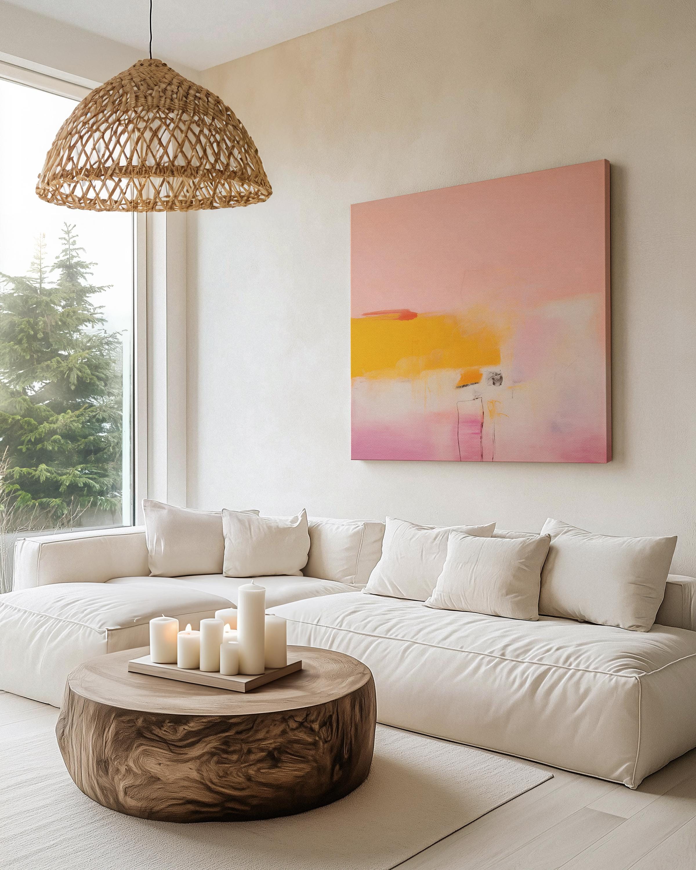 Square abstract wall art in blush pink, warm yellow, and pale lavender tones with soft brushstrokes and minimal linework. Ideal for warm minimalist or soft modern spaces such as bedrooms or transitional offices. Available as a fine art poster or canvas wall art for curated, color-forward decor.