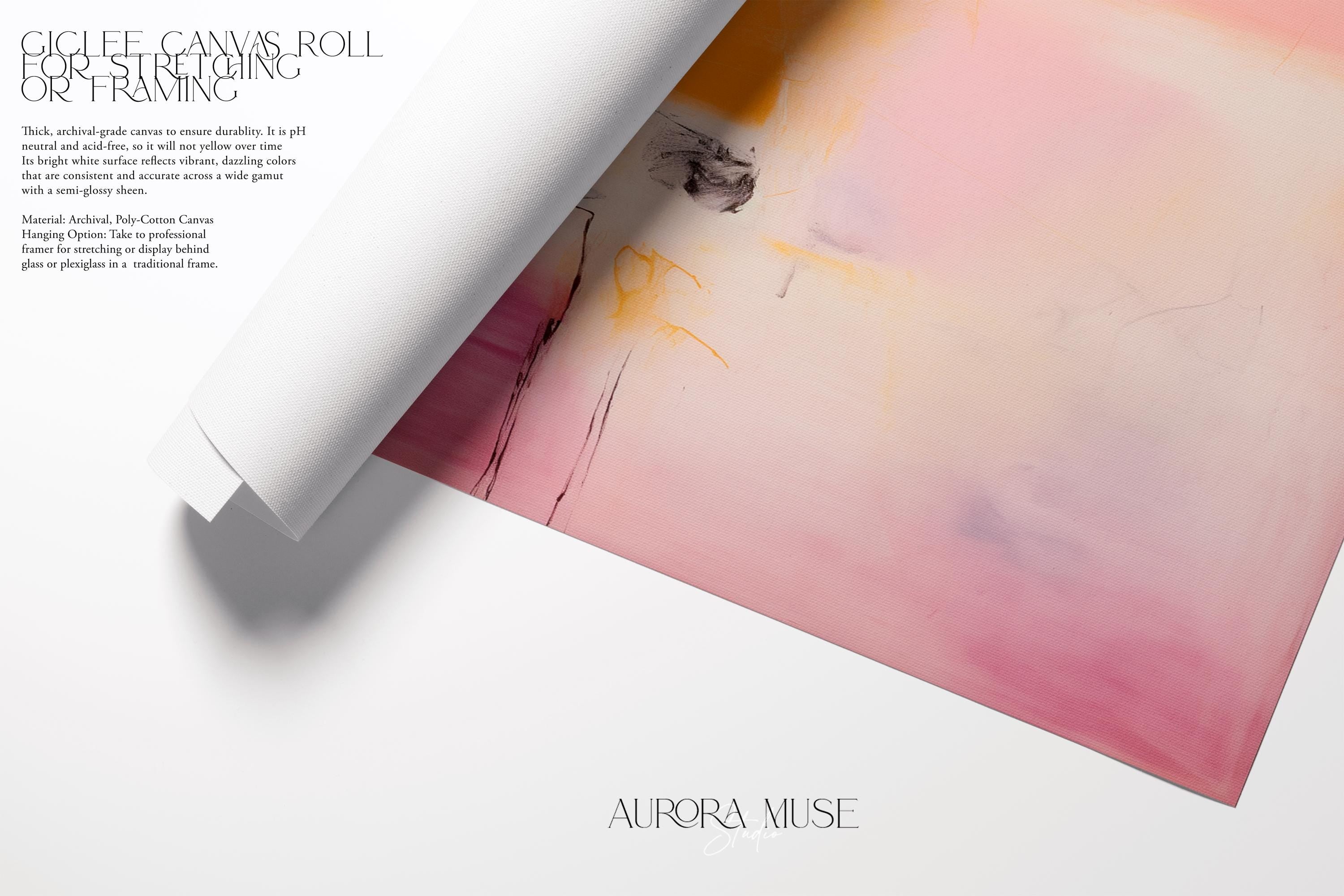 Vertical warm minimalist abstract wall art in blush pink and golden yellow tones with soft brushwork and linear accents. Ideal for curated modern bedrooms, entryways, or minimalist living spaces. Available as a fine art poster or canvas wall art for curated, color-forward decor.