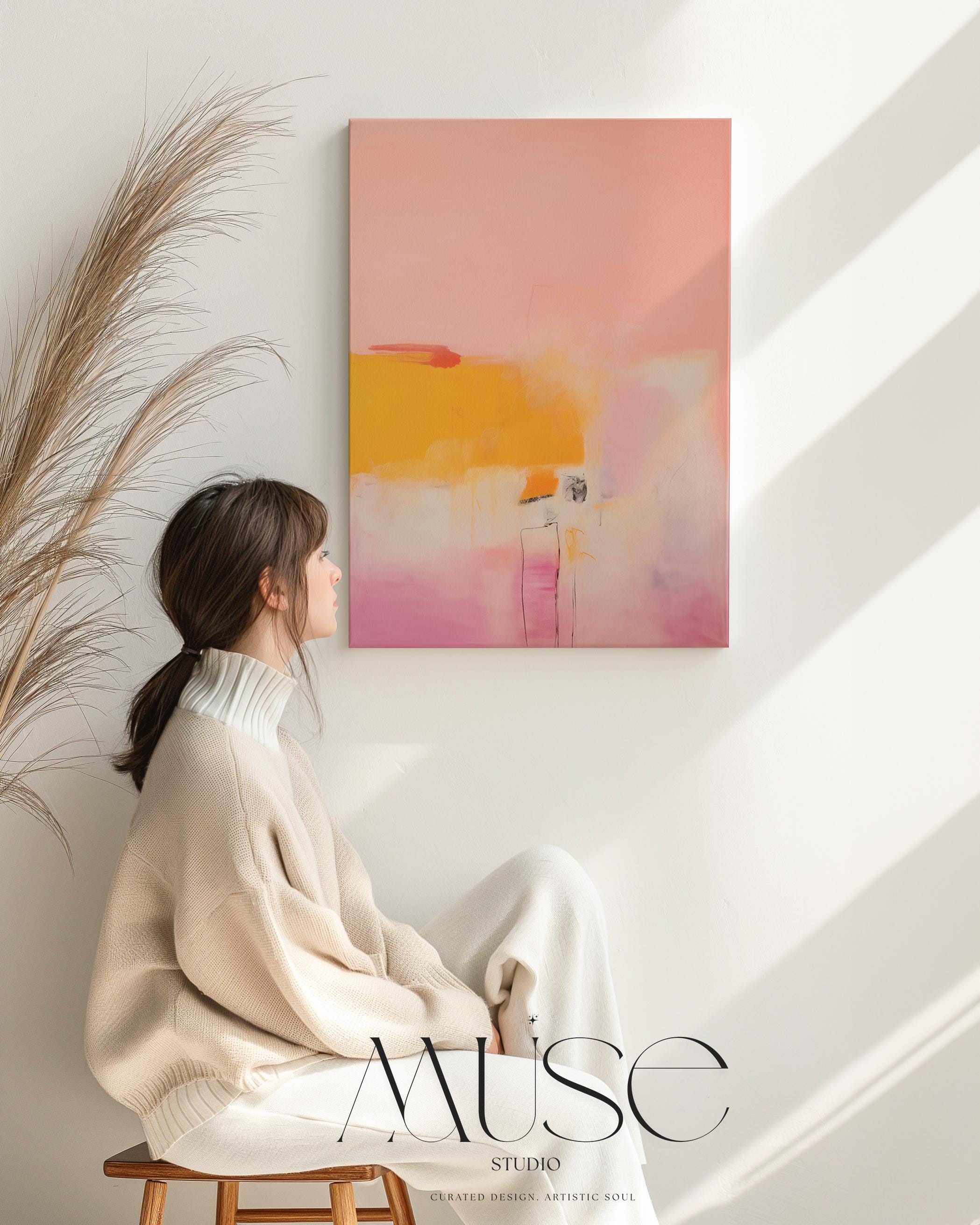 Vertical warm minimalist abstract wall art in blush pink and golden yellow tones with soft brushwork and linear accents. Ideal for curated modern bedrooms, entryways, or minimalist living spaces. Available as a fine art poster or canvas wall art for curated, color-forward decor.