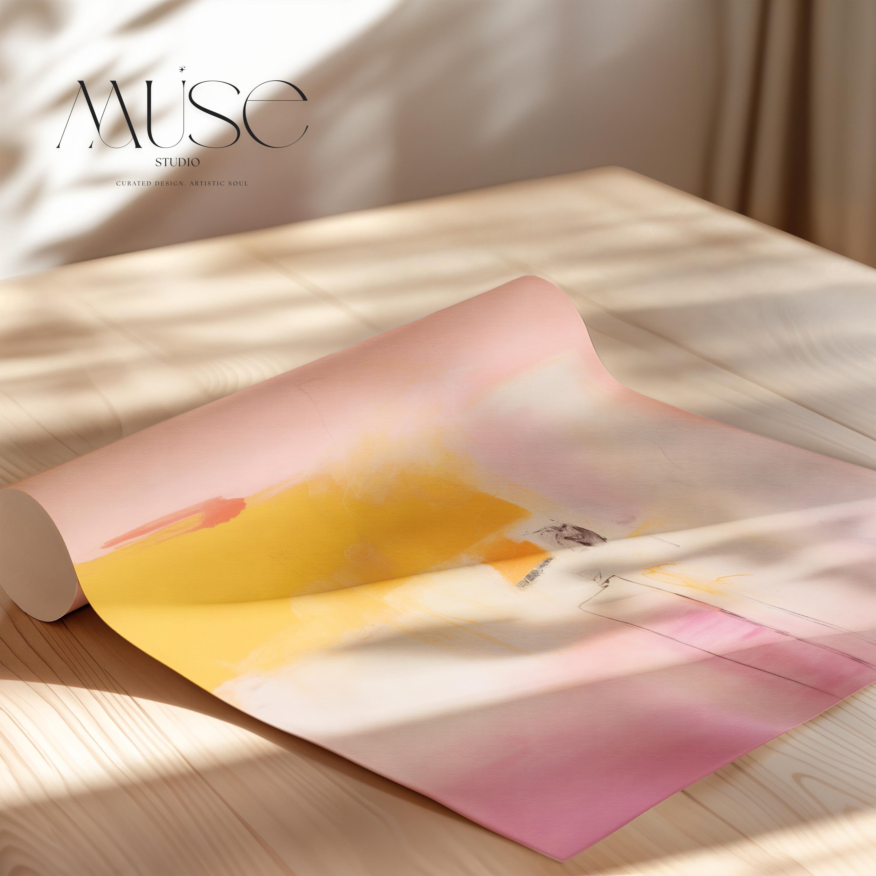 Vertical warm minimalist abstract wall art in blush pink and golden yellow tones with soft brushwork and linear accents. Ideal for curated modern bedrooms, entryways, or minimalist living spaces. Available as a fine art poster or canvas wall art for curated, color-forward decor.