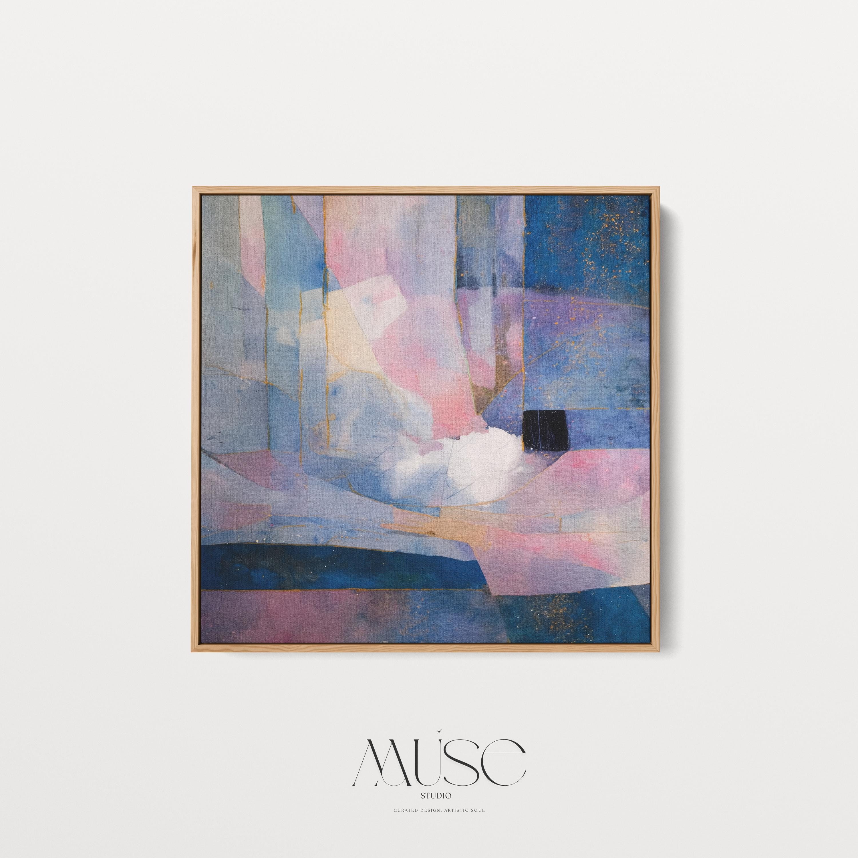 Square abstract wall art in soft lavender, deep blue, and blush pink with geometric shapes, gold detailing, and painterly layers. Ideal for dreamy bedrooms or glam modern spaces. Available as a fine art poster or canvas wall art for curated, color-forward decor.