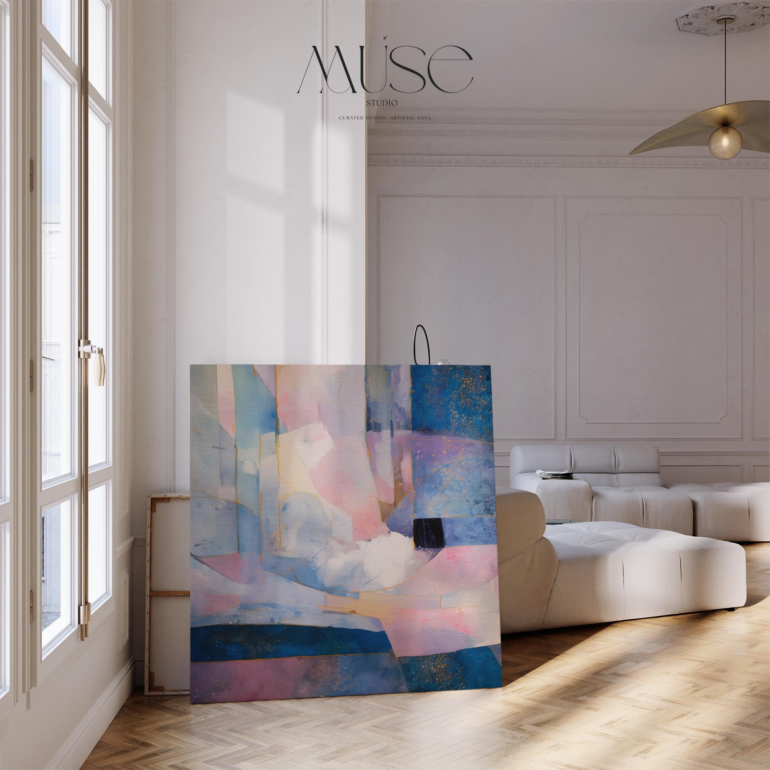 Square abstract wall art in soft lavender, deep blue, and blush pink with geometric shapes, gold detailing, and painterly layers. Ideal for dreamy bedrooms or glam modern spaces. Available as a fine art poster or canvas wall art for curated, color-forward decor.