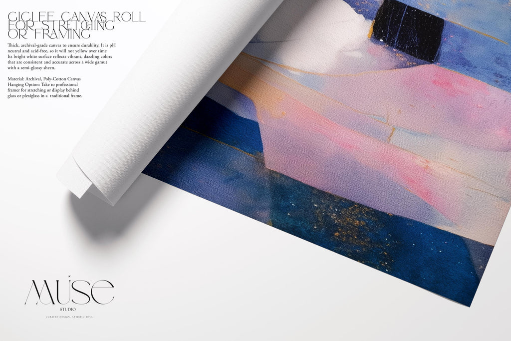 Square abstract wall art in soft lavender, deep blue, and blush pink with geometric shapes, gold detailing, and painterly layers. Ideal for dreamy bedrooms or glam modern spaces. Available as a fine art poster or canvas wall art for curated, color-forward decor.