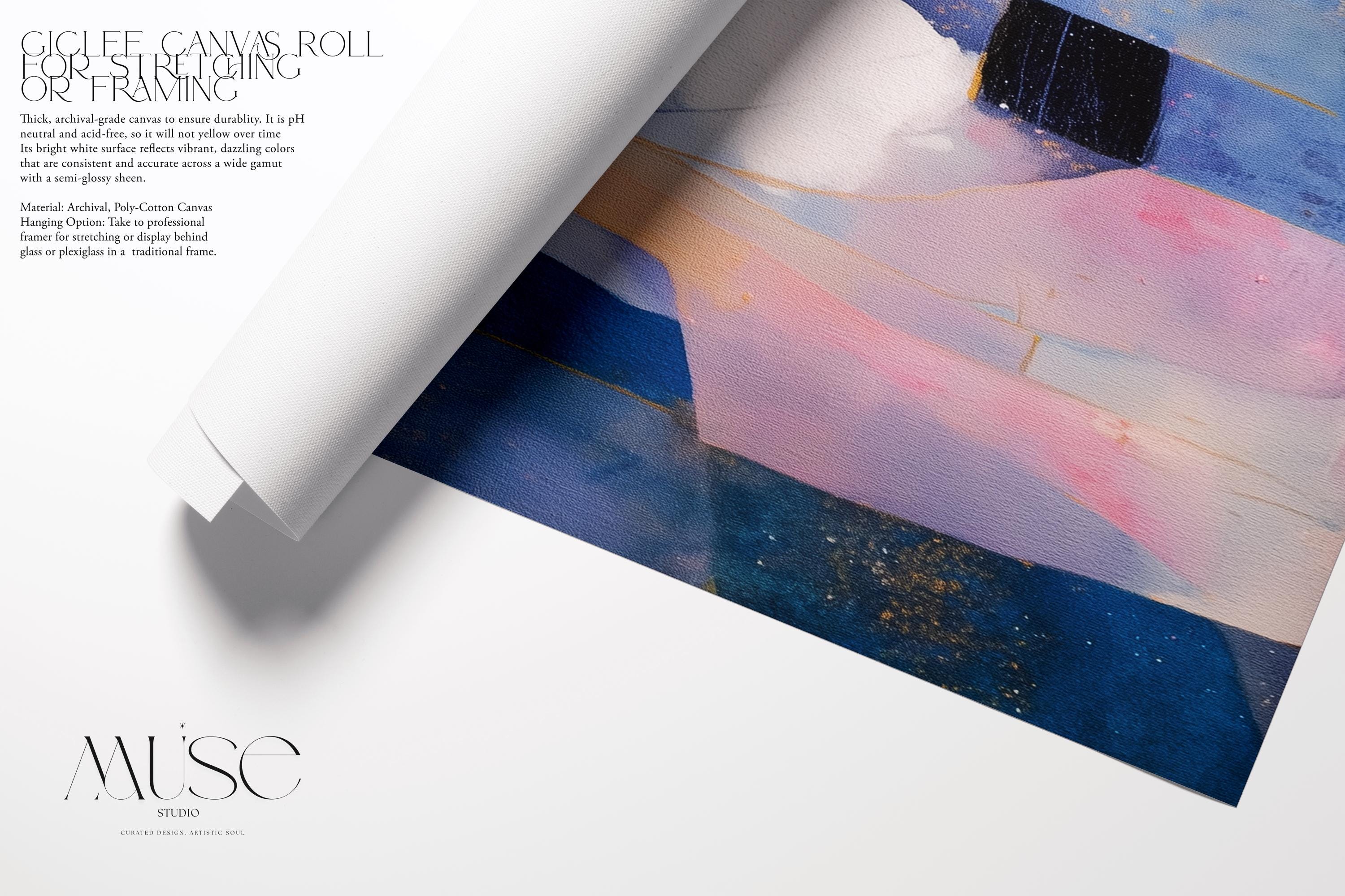 Square abstract wall art in soft lavender, deep blue, and blush pink with geometric shapes, gold detailing, and painterly layers. Ideal for dreamy bedrooms or glam modern spaces. Available as a fine art poster or canvas wall art for curated, color-forward decor.