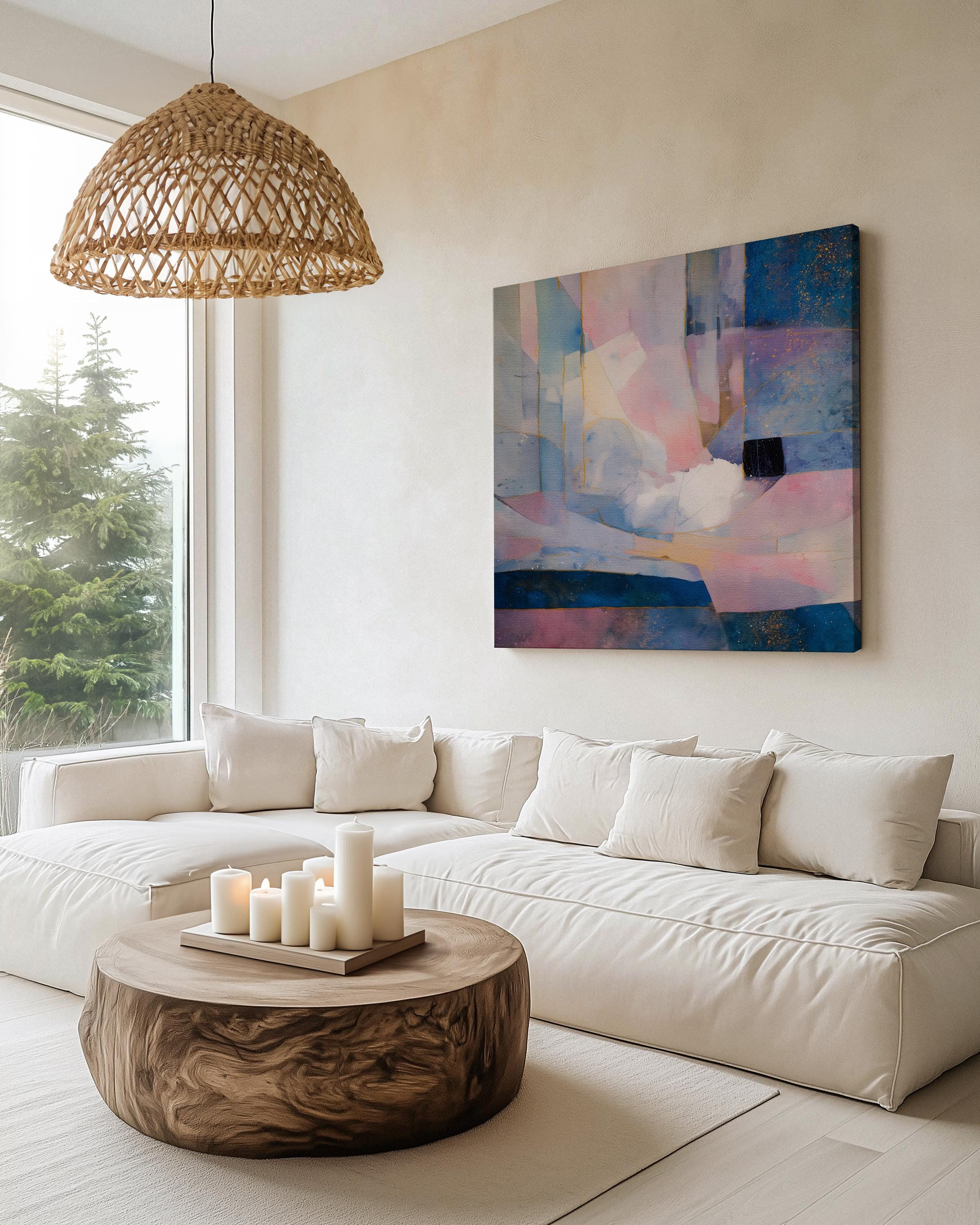Square abstract wall art in soft lavender, deep blue, and blush pink with geometric shapes, gold detailing, and painterly layers. Ideal for dreamy bedrooms or glam modern spaces. Available as a fine art poster or canvas wall art for curated, color-forward decor.