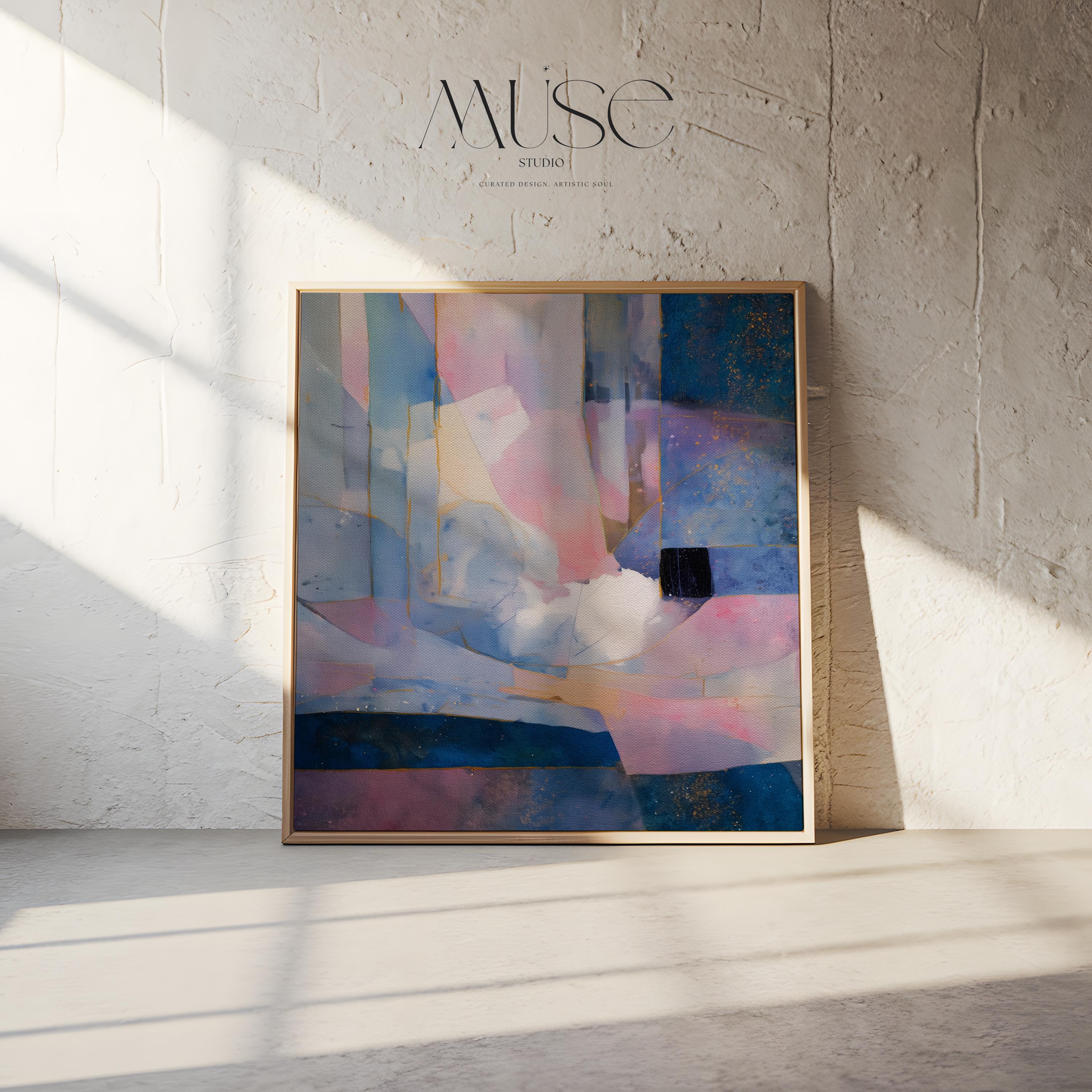 Square abstract wall art in soft lavender, deep blue, and blush pink with geometric shapes, gold detailing, and painterly layers. Ideal for dreamy bedrooms or glam modern spaces. Available as a fine art poster or canvas wall art for curated, color-forward decor.