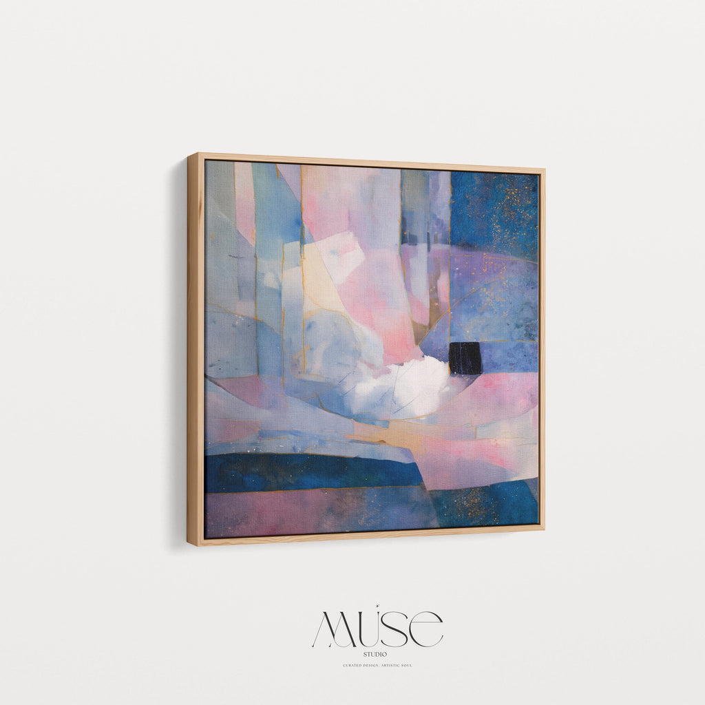 Framed abstract canvas art in soft lavender, blush pink, and deep blue with gold detailing and geometric structure. A dreamy, celestial piece ideal for bedrooms, moody transitional spaces, or modern glam interiors. Available as a framed canvas in multiple finish options for curated, color-forward decor.